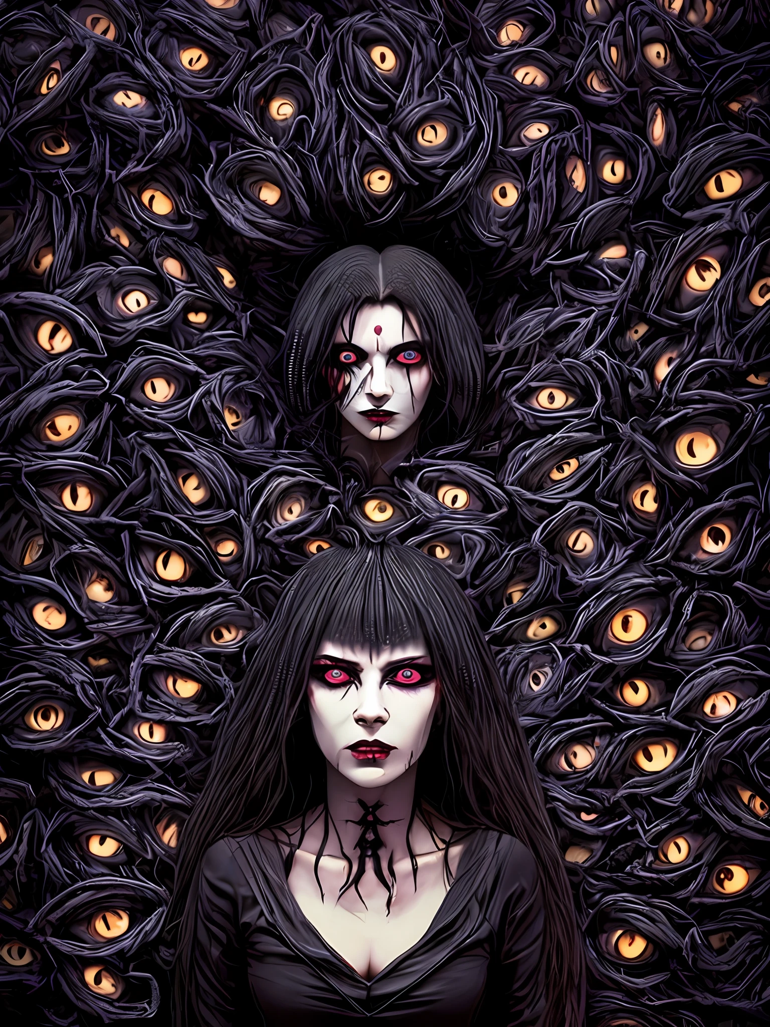 Close up of two women with long hair and eyes, Black eyes and sclera, with multiple eyes, Black scleral eyes, Black scleral eyes, Scary eyes, Sinister eyes, ito junji art, !5 Three-Eyed Goddess, Black sclera, spiral eyes, Has haggard eyes and black hair, Devil's Eye