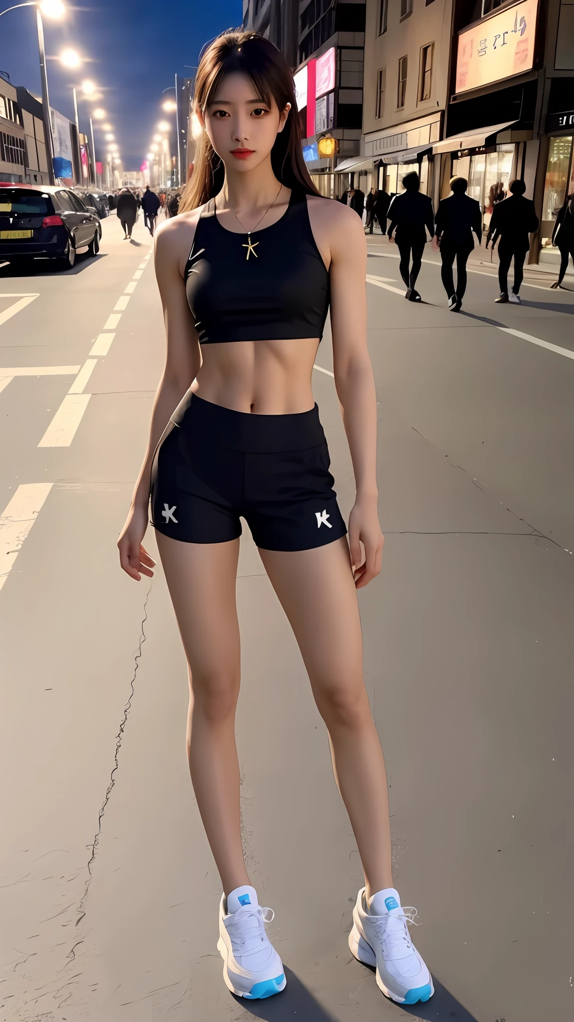 ((Realistic lighting, best qualtiy, 8K, tmasterpiece:1.3)), sharp fokus:1.2, 1girll, Beautiful Women with Perfect Figure:1.4, Slim abs:1.1, ((dark brown  hair)), (White crop top:1.4）,（exteriors，during night：1.1），the city street，Ultra-fine face，Fine eyes，二重まぶた，Full body photo，high-heels，athletic sneakers，