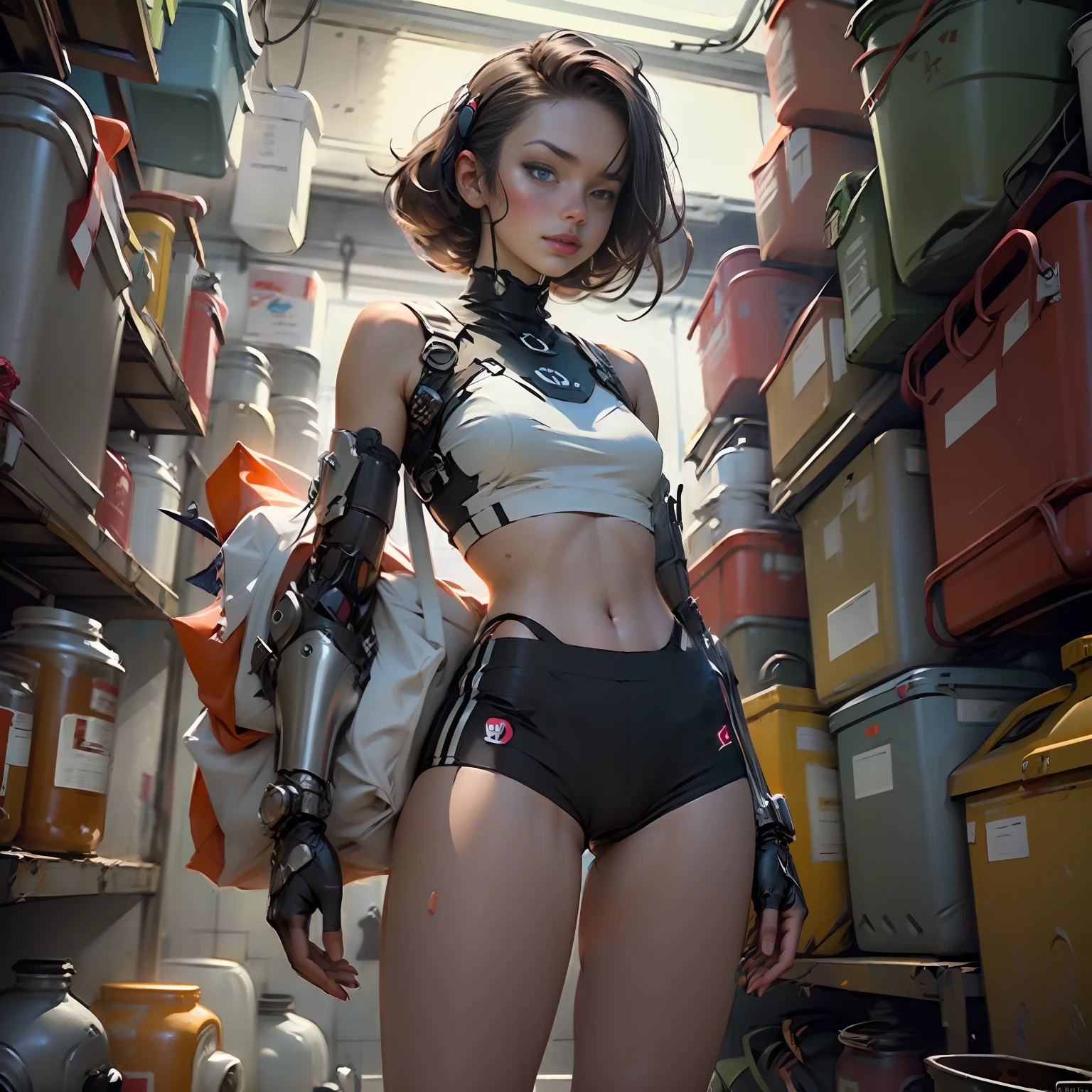 Woman body defined thick thighs cybernetic body parts, short underwear