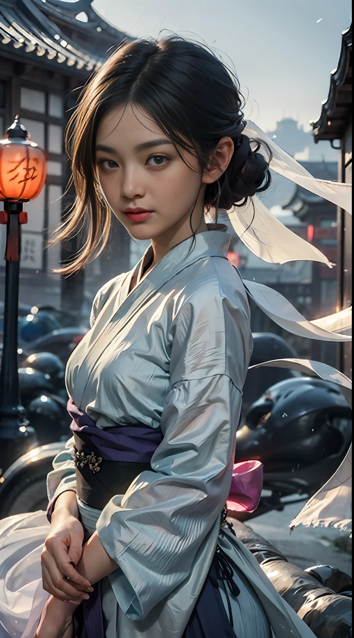 render 3d, 8K,High-precision details,Realiy,Realistic rendering,Perfect face, Beautiful face, Extremely detailed eyes, Beautiful eyes, medium eyes, animemanga girl, Sexy pose, 独奏, 1girll, Short Wavy has a detailed face, Symbol-shaped eyes, small detailed,巨作, illusion, Top quality, Night, Cloudy night, oborotsuki, glowworm, Countryside, Countryside, Countryside, river surface, foxfire, adult woman in yukata, confession, Evening fog, Flowing evening fog, Dry Ice, Soft focus, dense fog, regret, fox bride,Gorgeous costumes,Water-covered clothing,Behind it is a Chinese-style building