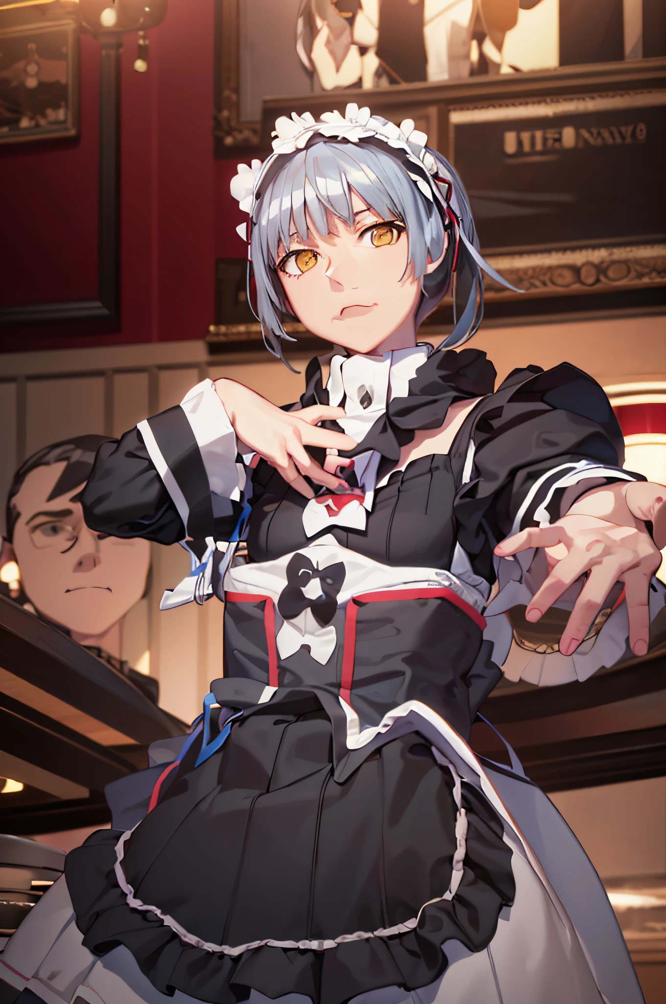 (Extremely detailed Cg Unity 8K wallpaper), (Masterpiece), (Best quality), (Ultra-detailed), (Best Illustration), (Best shadow), (absurderes), 1girll, Solo, Samurai, maid, maid headdress, Expressionless, v arms, Own hands together, dining room, hanging lights, extremely detailed background, view the viewer