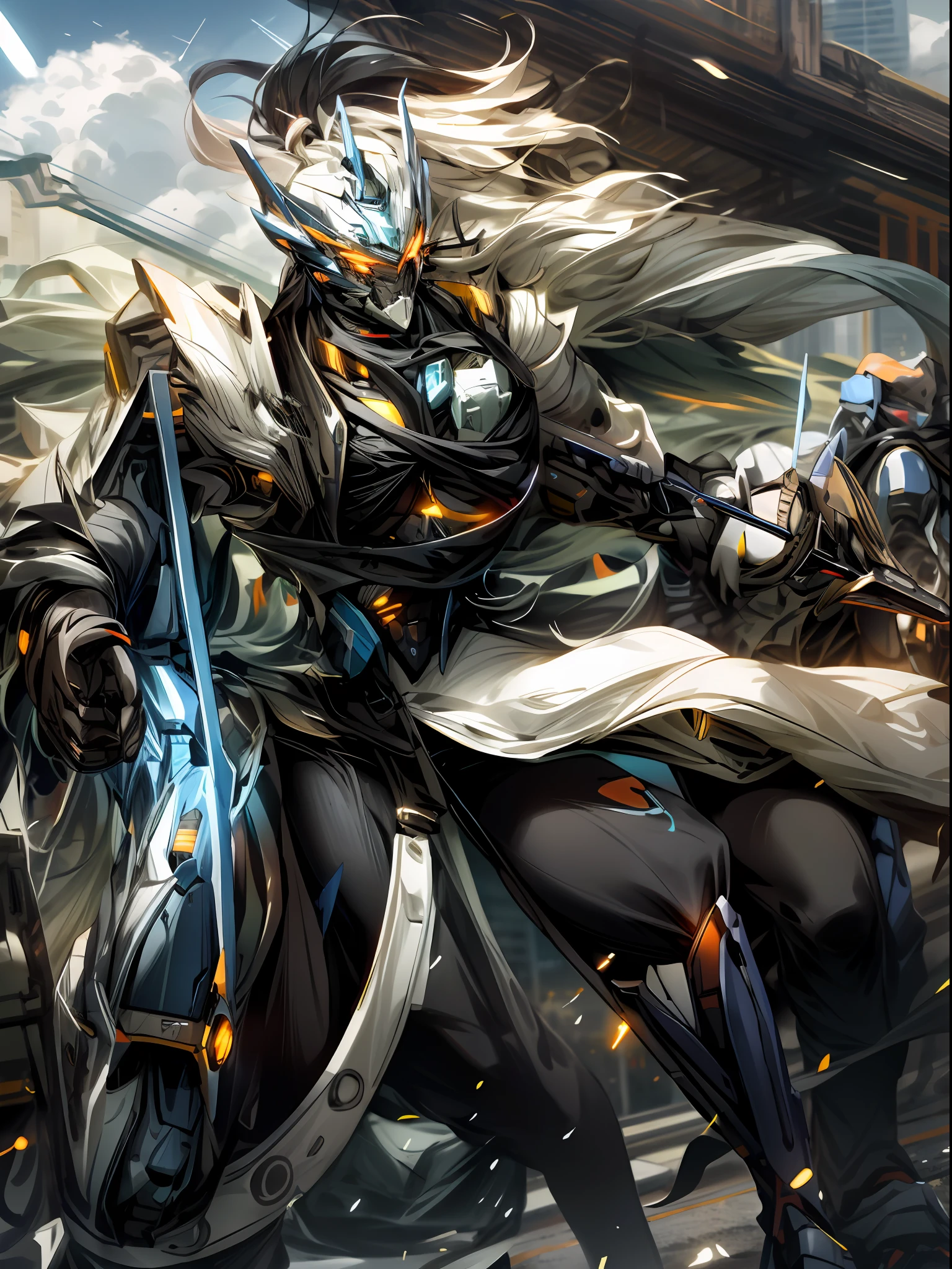 sky, cloud, holding_weapon, no_humans, glowing, , robot, building, glowing_eyes, mecha, science_fiction, city, realistic,mecha