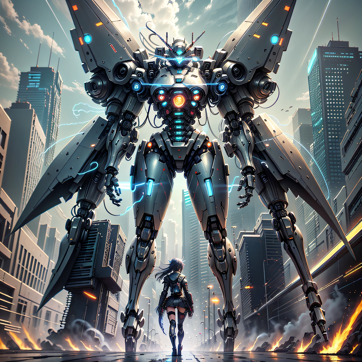 Anime girl in white stockings, High-forked cheongsam and boots stand next to giant robots，Guvez style artwork，cyberpunk anime girls mecha，Trends on CGiStations，Guviz，Russell Dongjun Lu，Digital cyberpunk anime art，Ross Tran 8 K，Guweiz on ArtStation Pixiv --auto