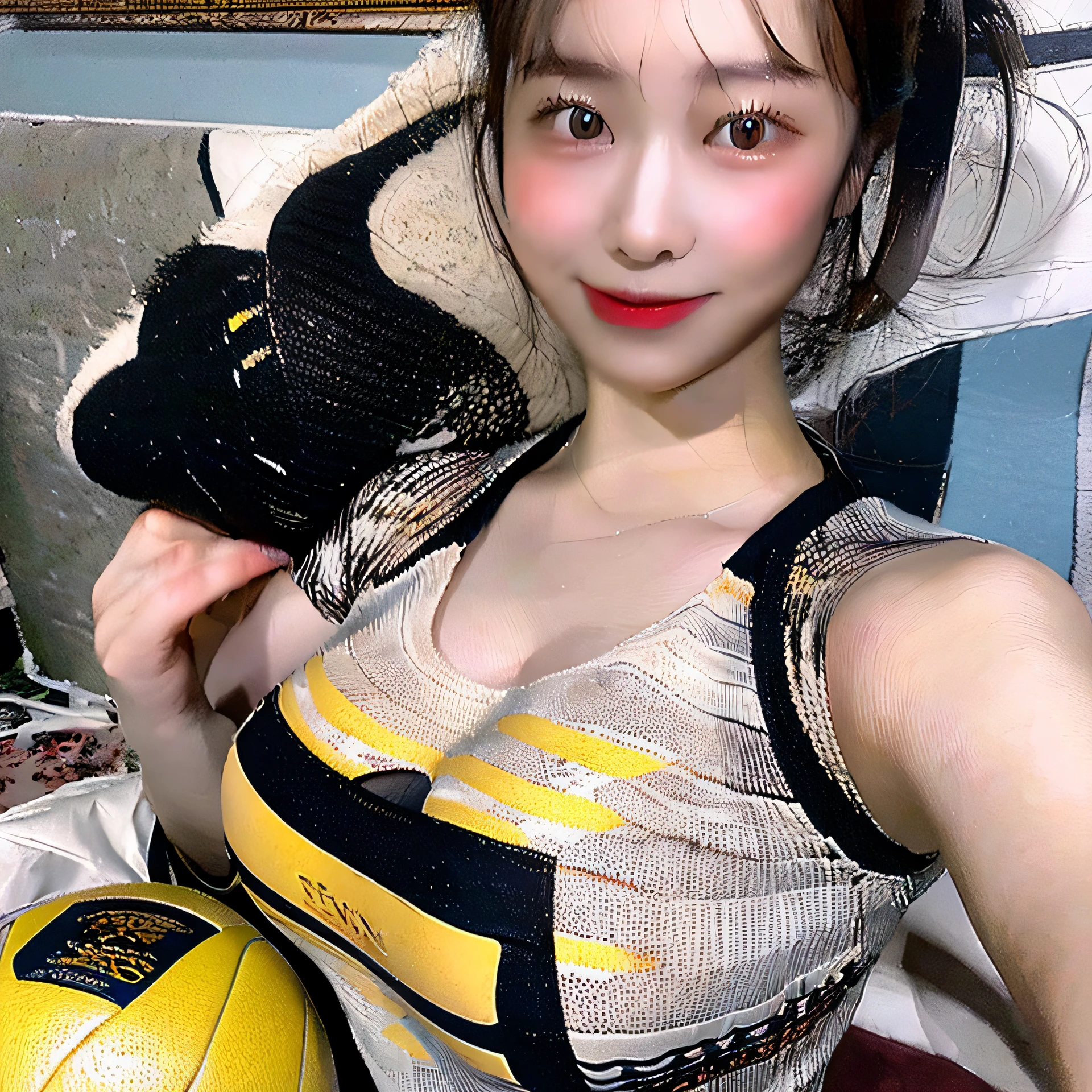 masterpiece, best quality, ultra high res,(photo realistic:1), volleyball uniform, smile,( holding volleyball),((portrait of 17yo japanese high girls, )),(huge breasts:1.6),nsfw,indoor stadium,,(laege hip),wearing intricately detailed (a uniform(sport wear),loose buruma),sweaty,
dynamic pose,1girl, (18yo:1.3),,sports bikini