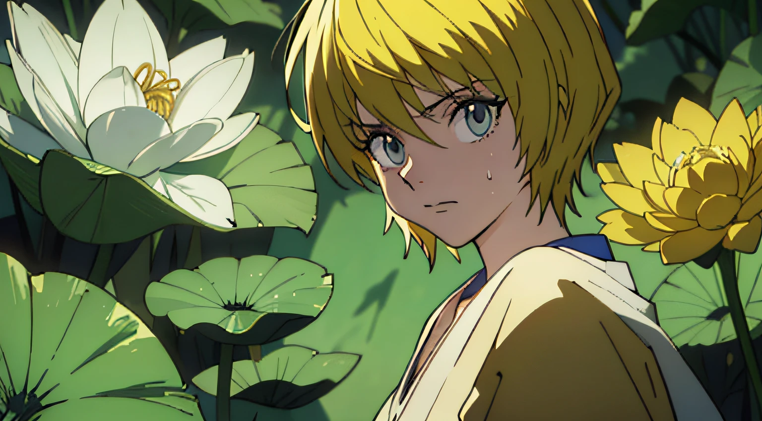 anime (8k, foto RAW, melhor qualidade, obra-prima: 1.2), ultra detalhado, arte oficial, kurapika,olhos vermelhos,flor de lotus,raios,sangue