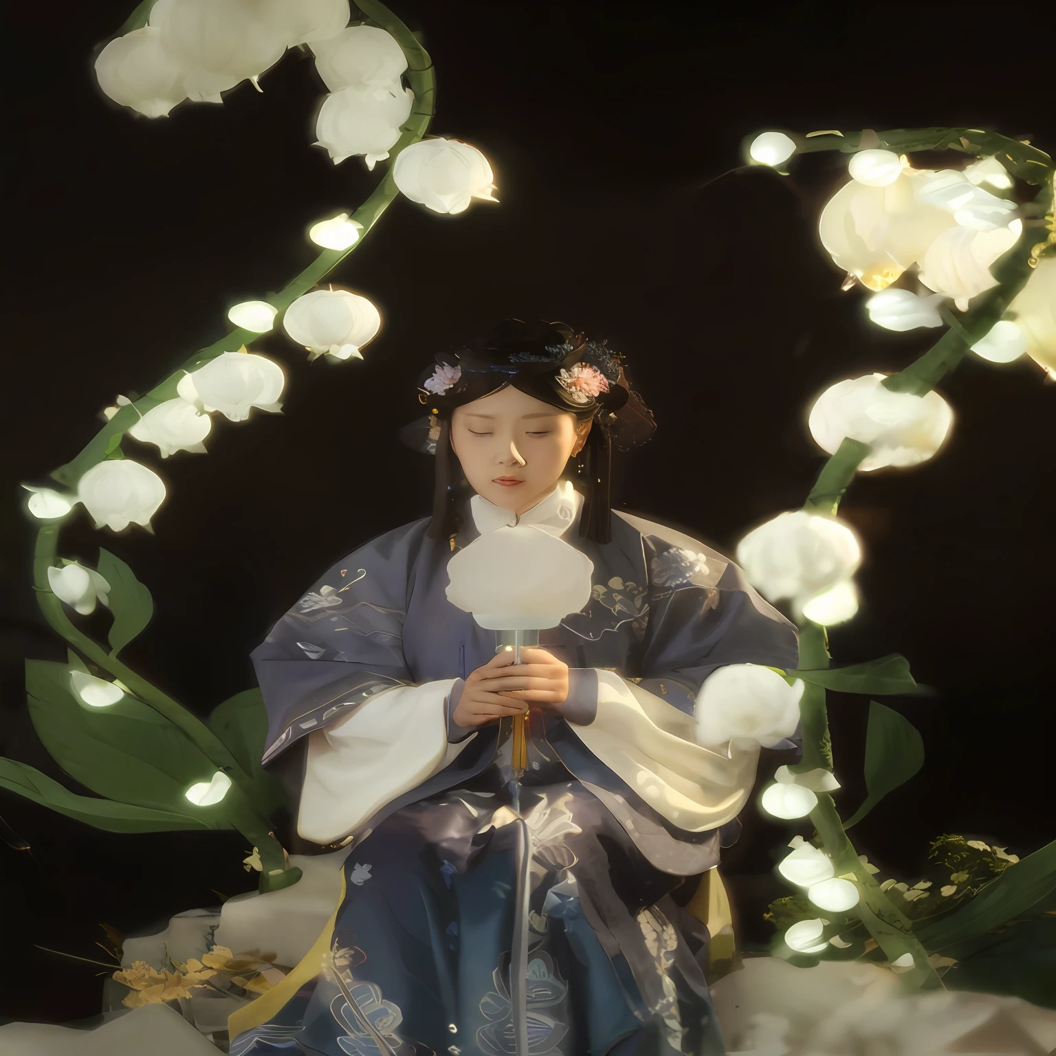 ((Chinese style picture)),best quality, ultra-detailed, ancient wind, palace, Wu Zetian, A woman wearing a white Chinese dress, Coloring is limited to red and black, Snow boots, Candle holder in hand, On the flower bed sits a woman in a blue dress, Two women face to face, with petals falling, Nothing lights up the scene than the candlelight placed by the guests.