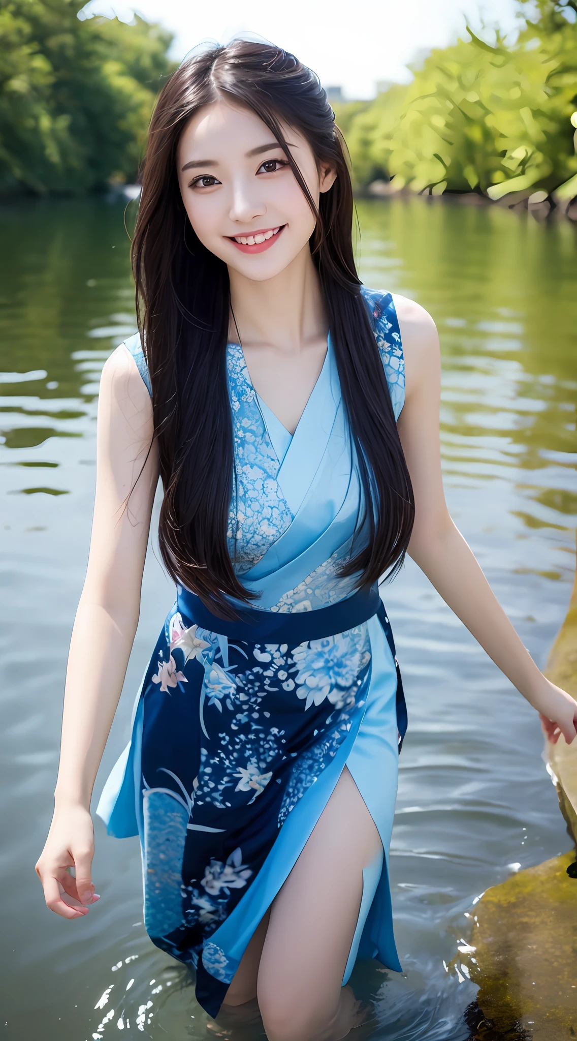((4k,masterpiece,best quality)), shuimobysim, traditional chinese ink painting, lotus, hanfu, maxiskit, dress conservatively 1girl, solo, long blue hair, smile, standing, feet in the water, barefoot,
