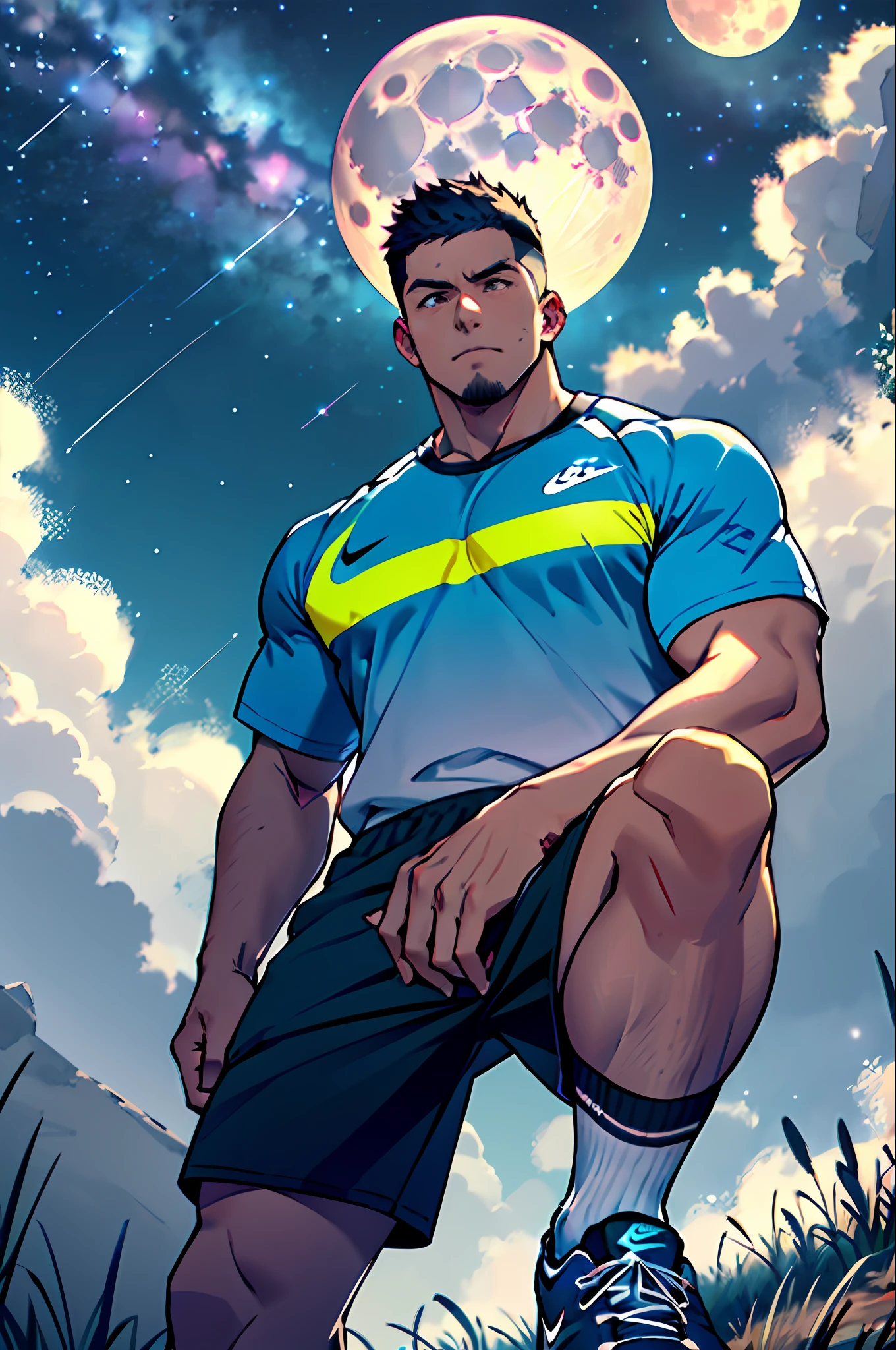 Draw a full-fledged athlete,Stand on the prairie under the stars,He wore T-shirt clothing and sneakers as well as Nike sneakers,The dramatic illumination of the stars illuminates the scene,The man looks confident and determined,looking-down,Crew cut,full bodyesbian,shooting from below,The crotch is bulging,big moon in background,tmasterpiece,超高分辨率,The image ratio is 4 in horizontal to vertical proportions:3