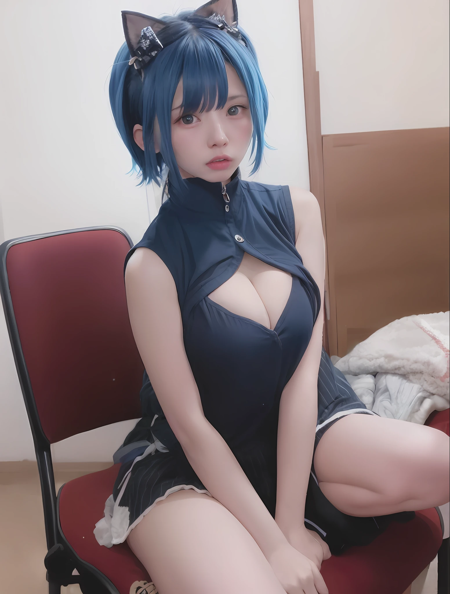 there is a woman with blue hair sitting on a chair, ulzzangs, with blue hair, Anime girl cosplay, dark blue long hair, , NavyHair, Dark blue hair, ❤🔥🍄🌪, belle delphine, Sailor uniform, Anime girl in real life, ecchi style, kanliu666, shikamimi