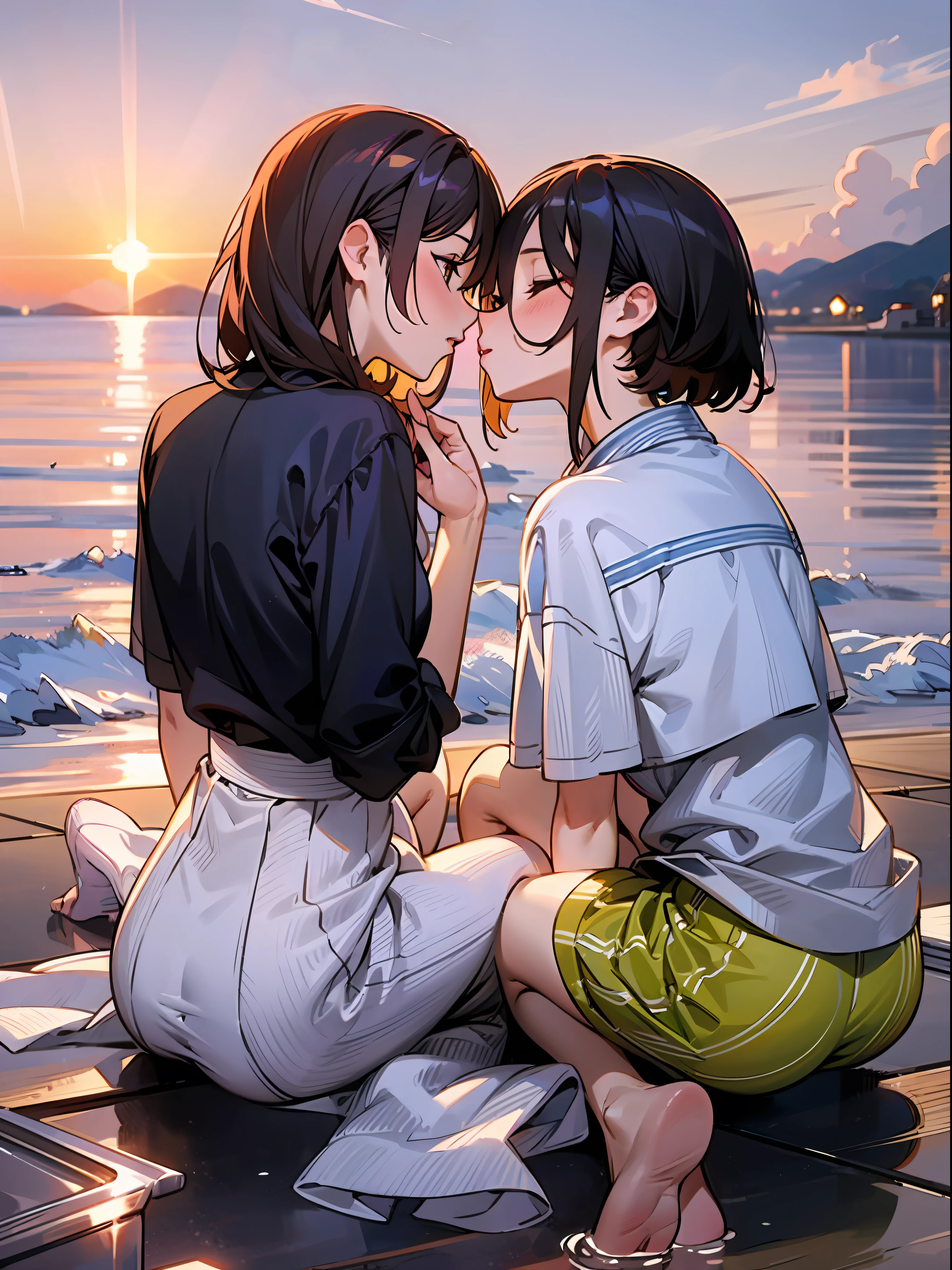 masutepiece,hyper quality, Hyper Detailed,Perfect drawing,nffsw,3D,in 8K,illustratio、Hi-Res、Two beautiful girls、Sitting on the breakwater、Close your eyes、the kiss、French Kissing、the setting sun、Summer sky、Horizon、shores、Back lighting、Sparkling water surface、beatiful backgrounds、Accurate drawing、Detailed drawing