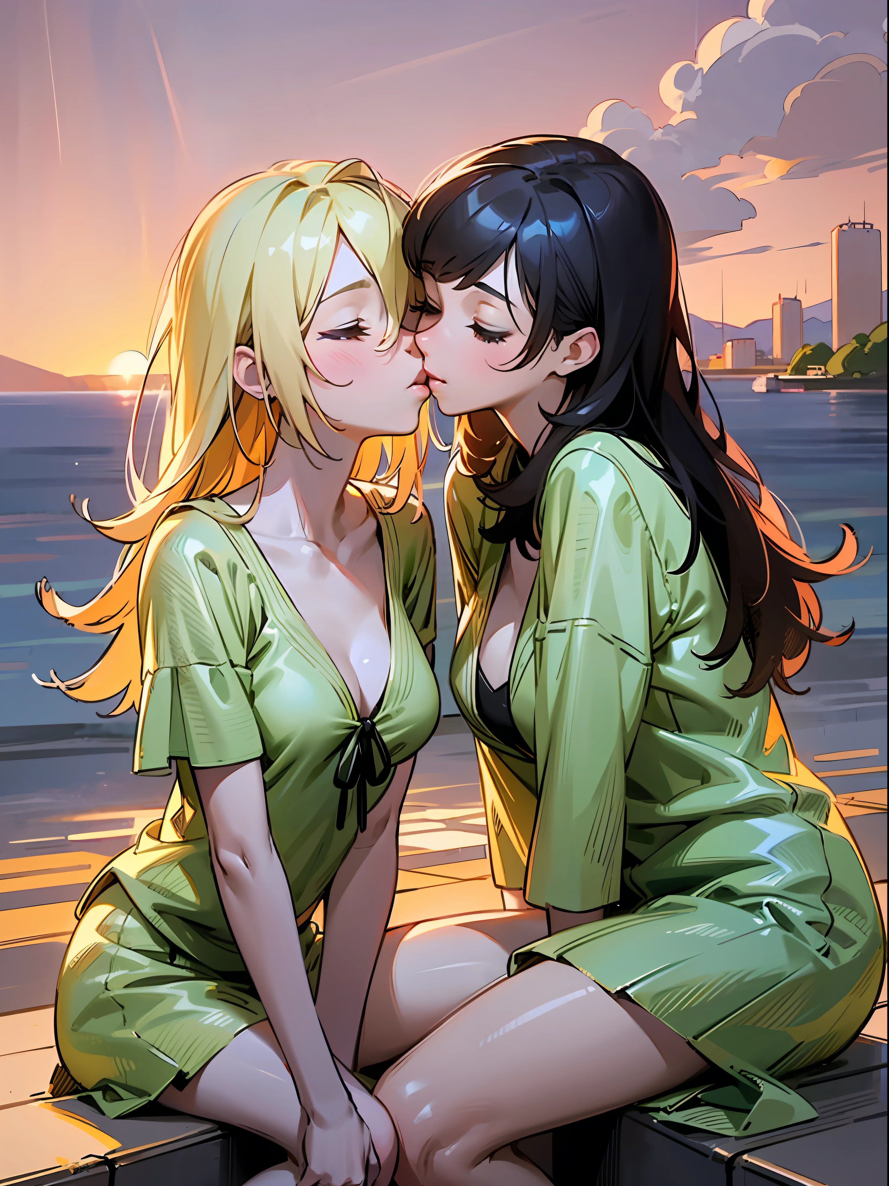 masutepiece,hyper quality, Hyper Detailed,Perfect drawing,nffsw,3D,in 8K,illustratio、Hi-Res、Two beautiful girls、Sitting on the breakwater、Close your eyes、the kiss、French Kissing、the setting sun、Summer sky、Horizon、shores、Back lighting、Sparkling water surface、beatiful backgrounds、Accurate drawing、Detailed drawing