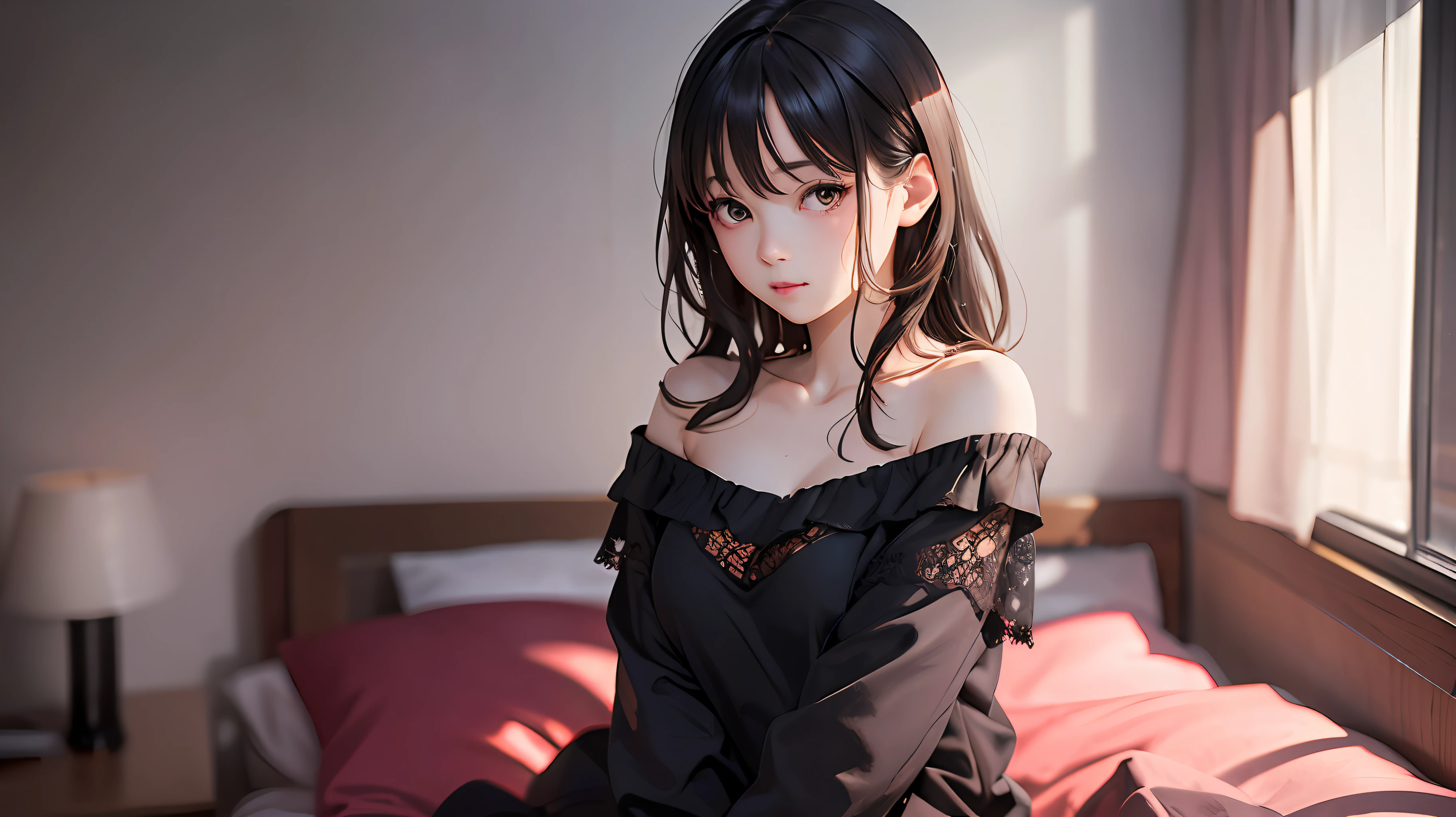 1girl, cute, sitting on bed, bedroom, detailed background, indoor, hires, (photorealistic:1.4),  offshoulder, (in the dark, deep shadow,low key, cold light:1.1), diffused natural skin glow,