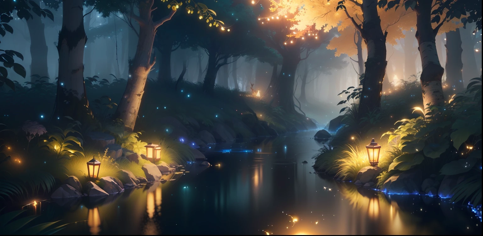Masterpiece, best quality, (very detailed CG unity 8k wallpaper), (best quality), (best illustration), (best shadows), glow sprite, with a glowing deer, in the swimming pool Drinking water, natural elements in the forest theme. Mysterious forest, beautiful forest, nature, surrounded by flowers, delicate leaves and branches surrounded by fireflies (natural elements), (jungle theme), (leaves), (twigs), (fireflies), (particle effects) etc. 3D , Octane rendering, ray tracing, super detailed --v6