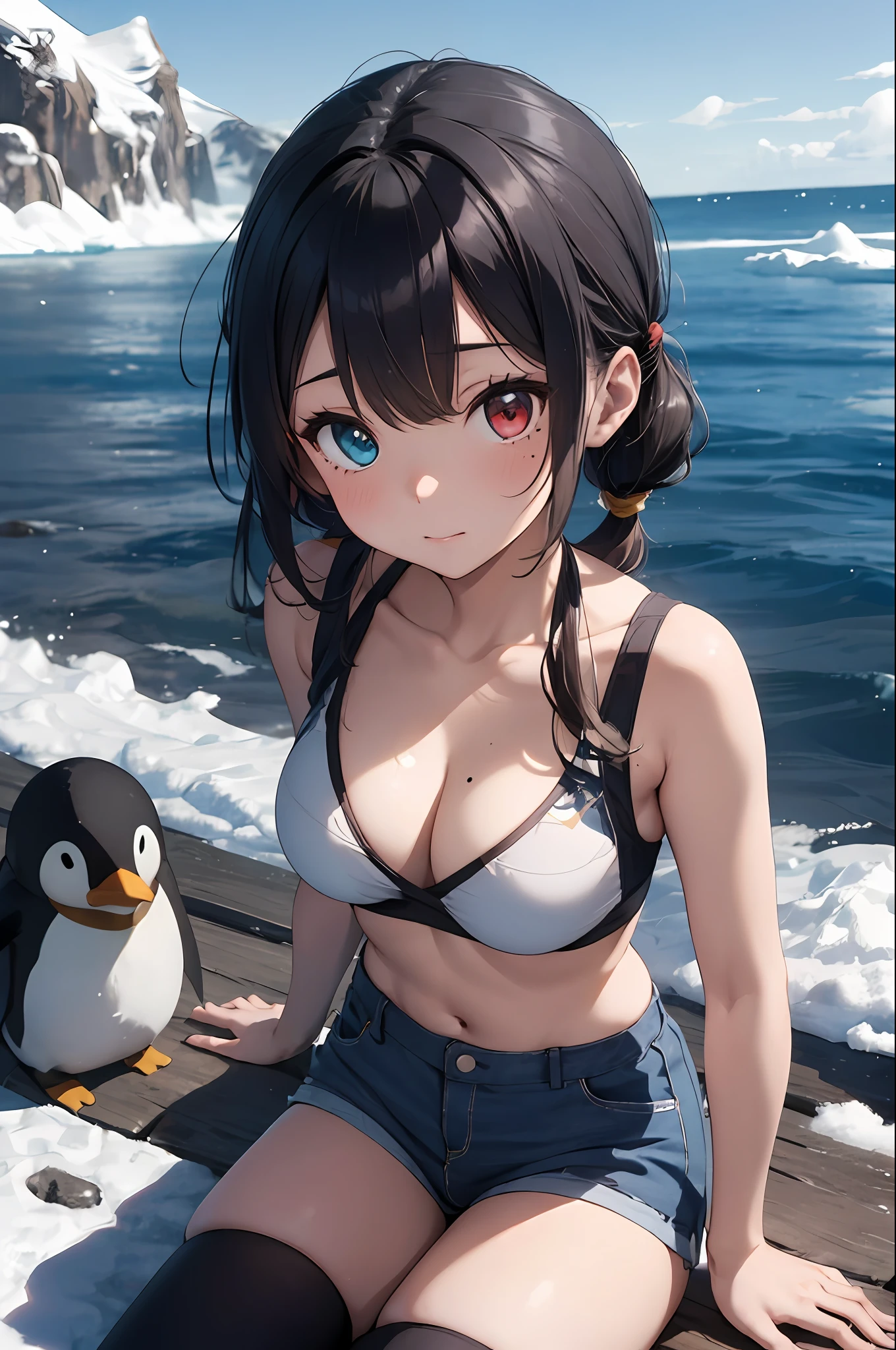 penguin、South Pole、photorealestic, a highres, 1 Girls, white gray hai, Heterochromia eyes, small moles under eyes, bikinis, a large breast, Blue-haired、(Blonde mesh)、South Pole、snowstorm、penguin、En plein air、Pigtails straight hair、shortpants、Huza、sit ch、Penguins are flying