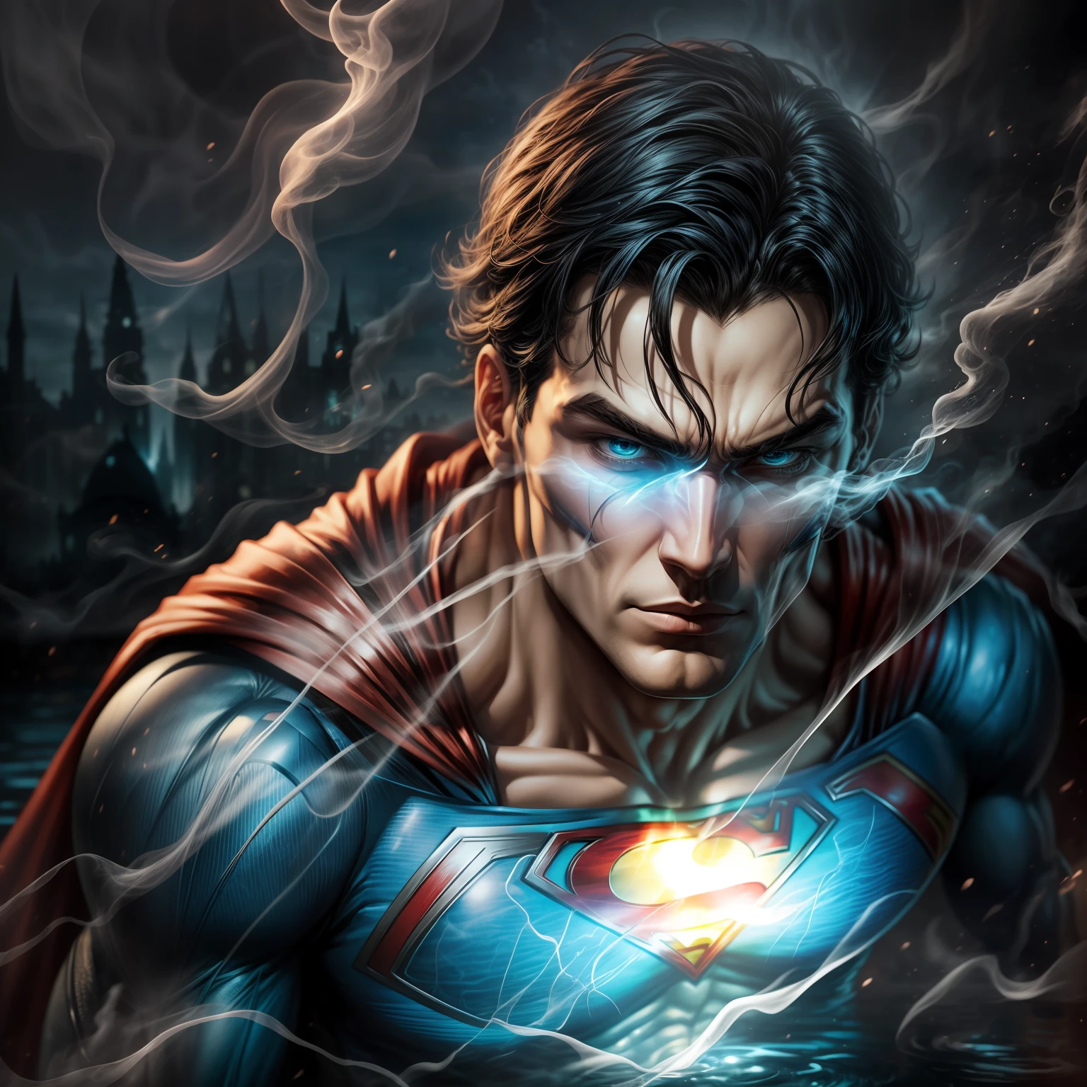 close up, Superman из DC Comics, Ghost, Dark, gotik, 3d, Ultra Detailed, blue transparent smoke around, realistic style, Old Night Pond, full - body,