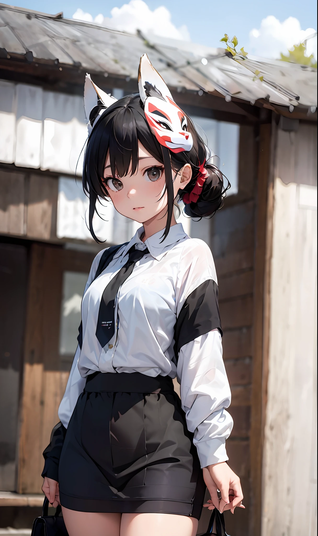 Fox mask Person wearing fox mask on face, black briefskirt, white shirt
