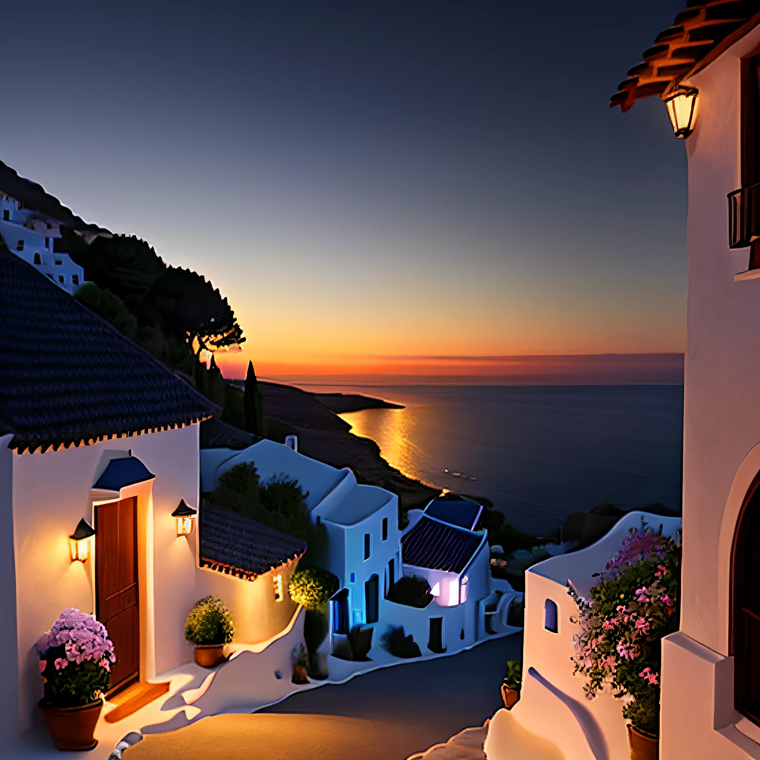 Villa with sea view,nigth,The villa lights are warm yellow --auto