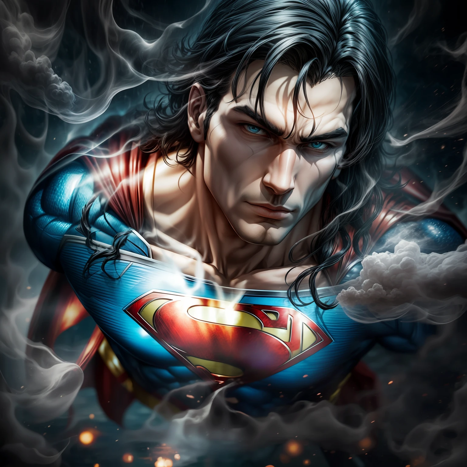 close up, Superman из DC Comics, Ghost, Dark, gotik, 3d, Ultra Detailed, blue transparent smoke around, realistic style, Old Night Pond, full - body,