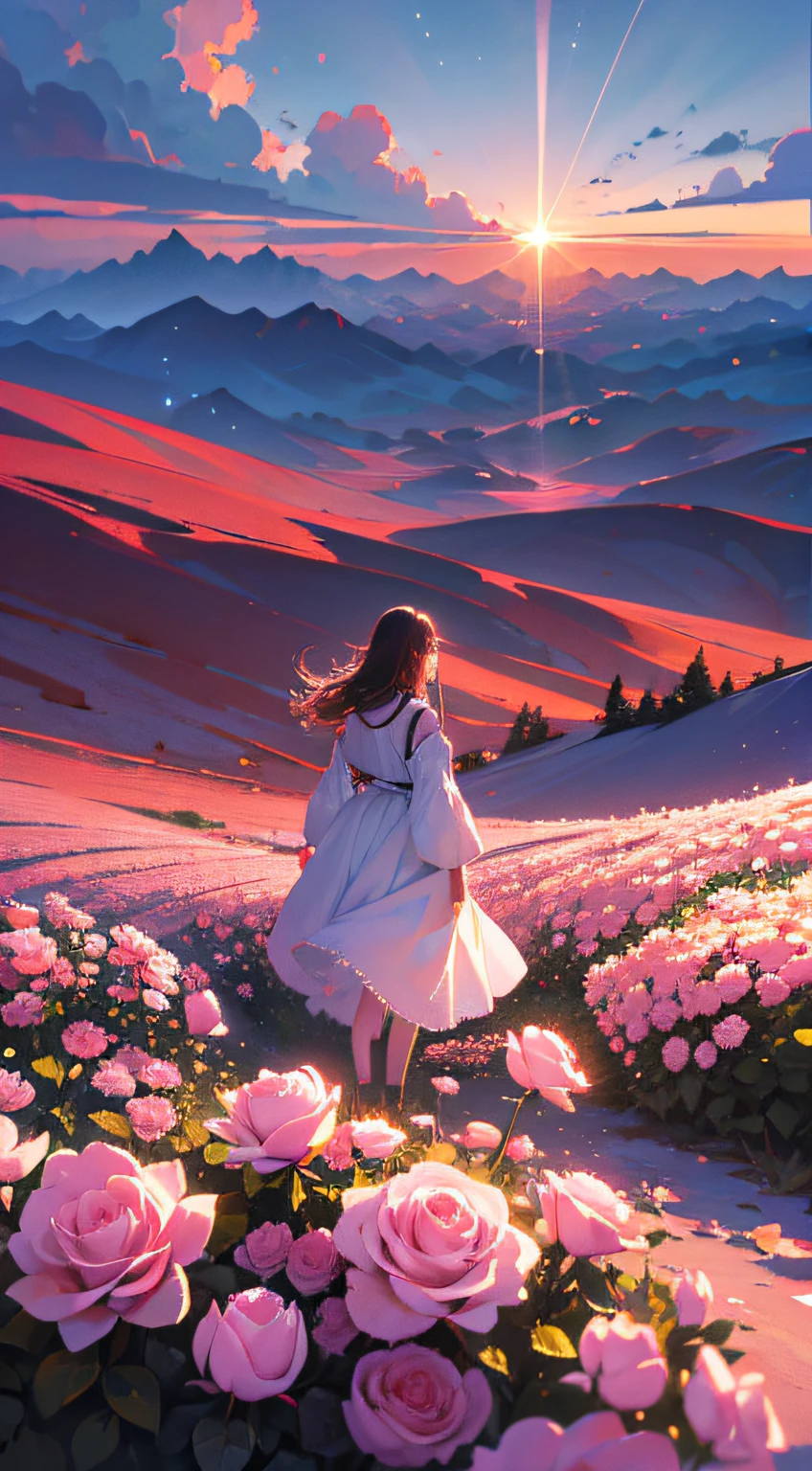 夏天，A desert，Pink clouds， ，A land overgrown with roses stands beautiful girls，james gurney，Art station rendering，Ultra-wide lens，High- sharpness，4K，A girl looks into the distance，