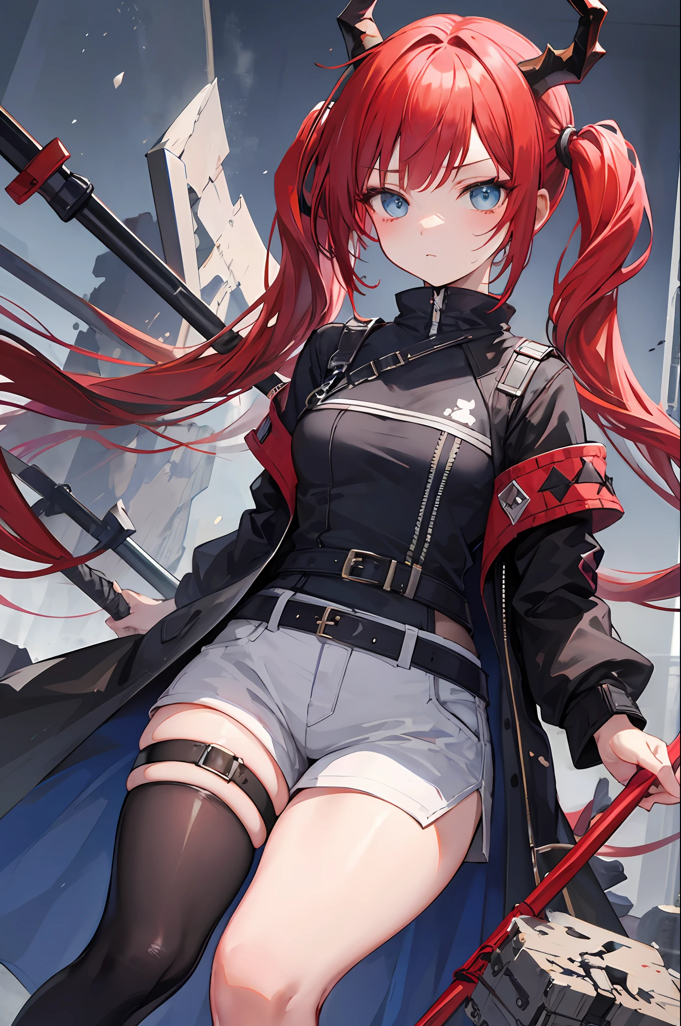 [(ultra-detailed),(best shadow),classic,(cinematic lighting),dynamic angle,(finely detail)],black stockings,black thighhighs,Black baggy coat , 1girl,(extremely detailed eyes and face),solo,thigh strap,ankle_lace-up,belt,ruins,style of arknights,),bishoujo,polearm,big eyes,chibi,Gloom (expression),cute,loli,red hair,blue eyes,twintails,Dragon horns