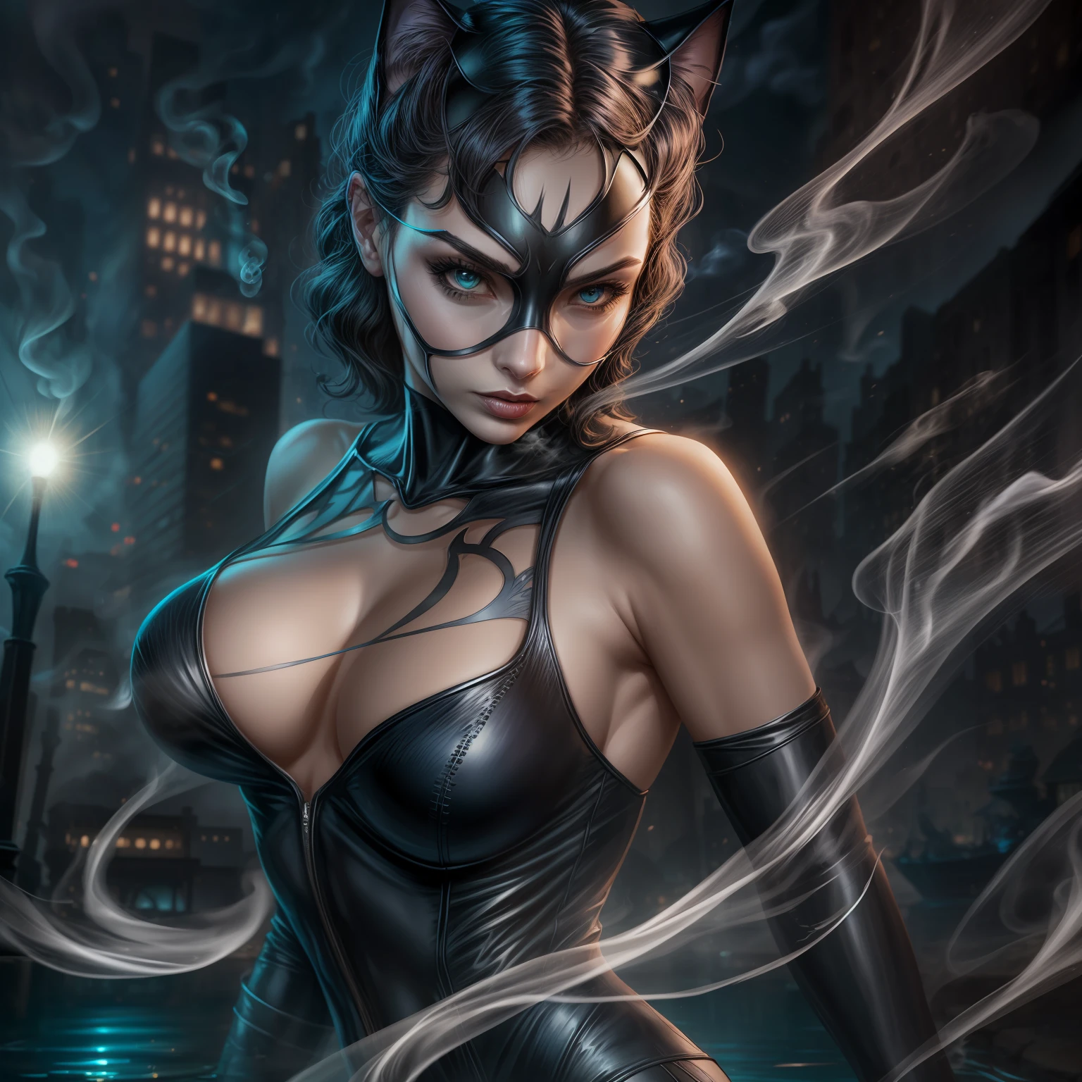 close up, Catwoman из DC Comics, Ghost, Dark, gotik, 3d, Ultra Detailed, blue transparent smoke around, realistic style, Old Night Pond, full - body,