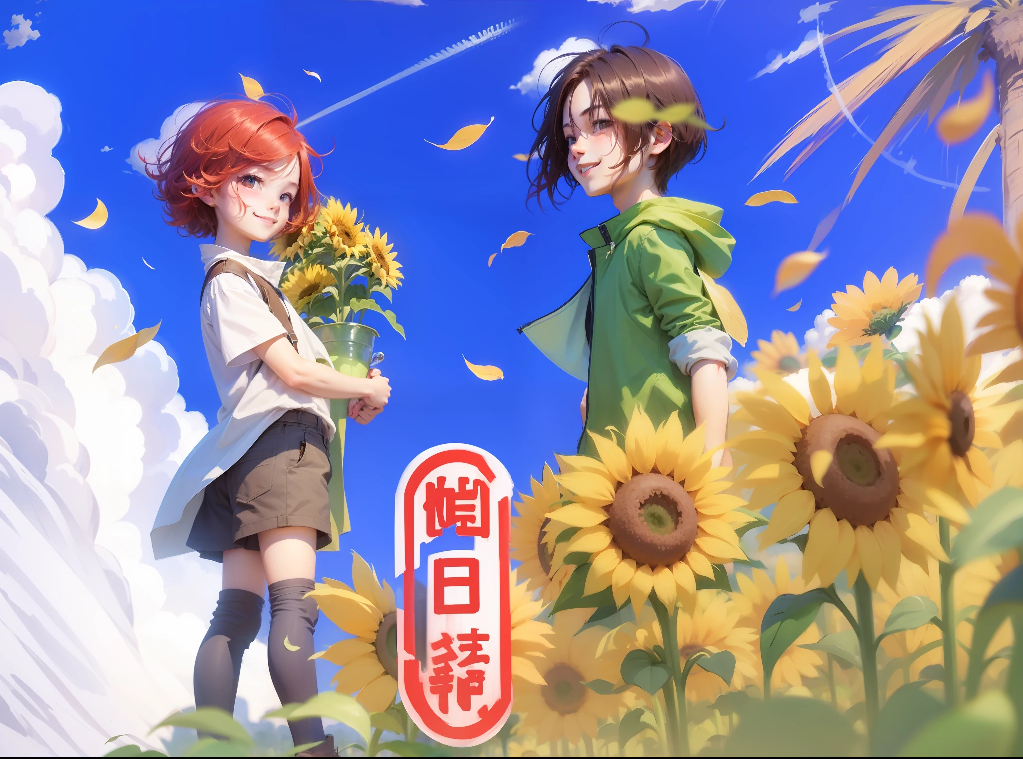 Sunflower illuminated by the sun。With cute boy with red hair、Cool smiling boy with chestnut hair in the sun。with blue sky and white clouds
