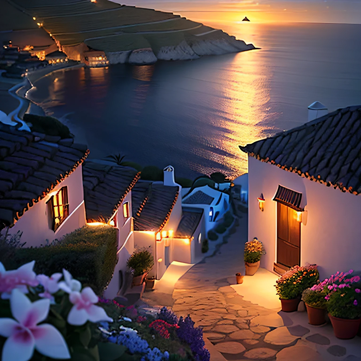 Villa with sea view，nigth，The villa lights are warm yellow --auto