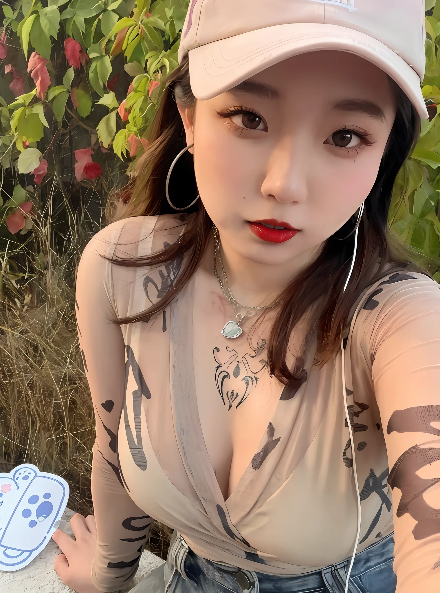 Light-colored tattoos，A plump chest，Seductive eyes，Slightly open mouth，Red lipstick