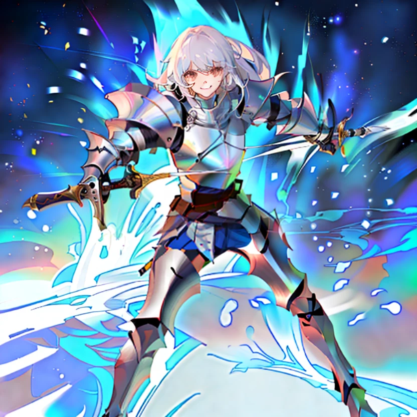 Lady Knight,White armor,holdingsword,With a smile
