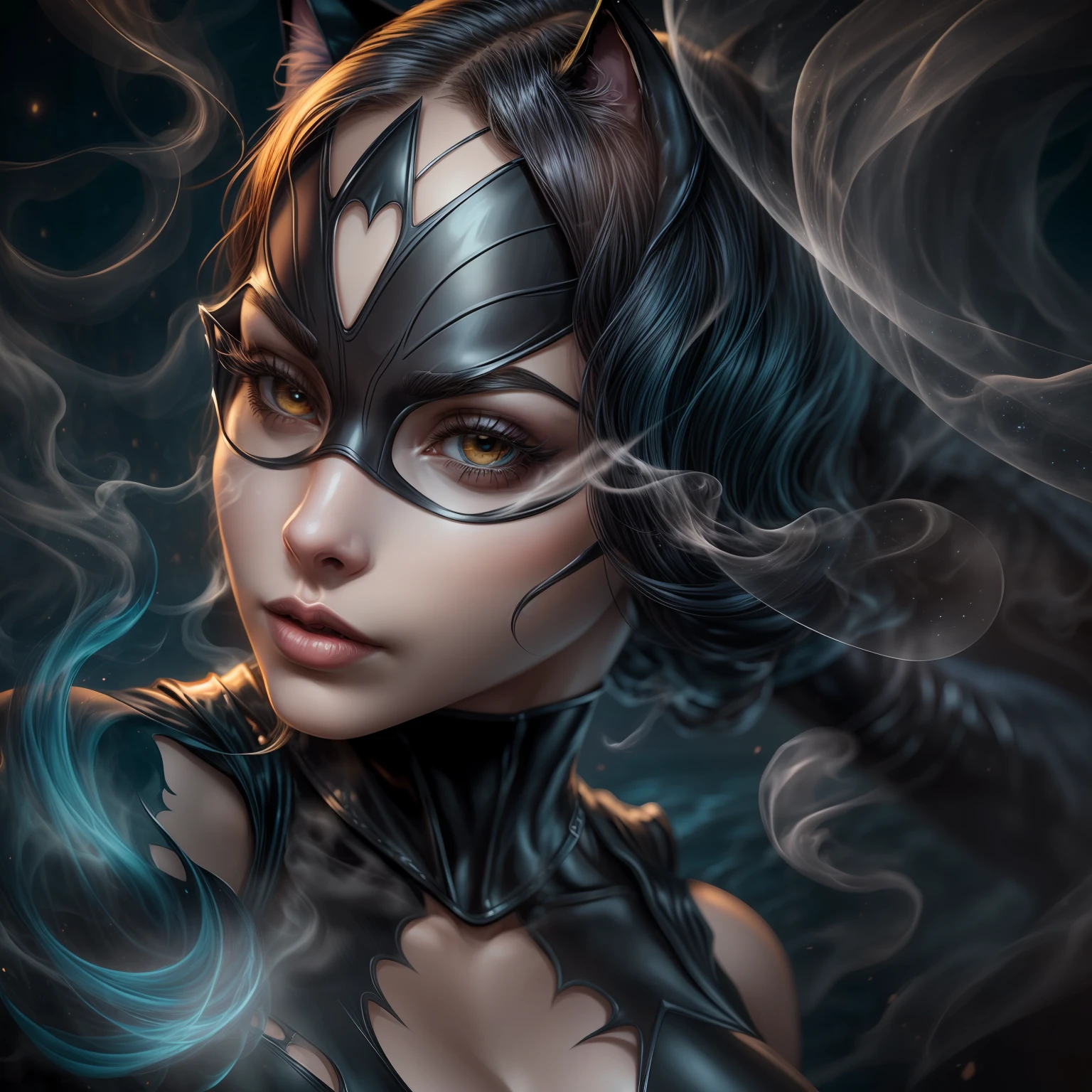 close up, Catwoman из DC Comics, Ghost, Dark, gotik, 3d, Ultra Detailed, blue transparent smoke around, realistic style, Old Night Pond, full - body,