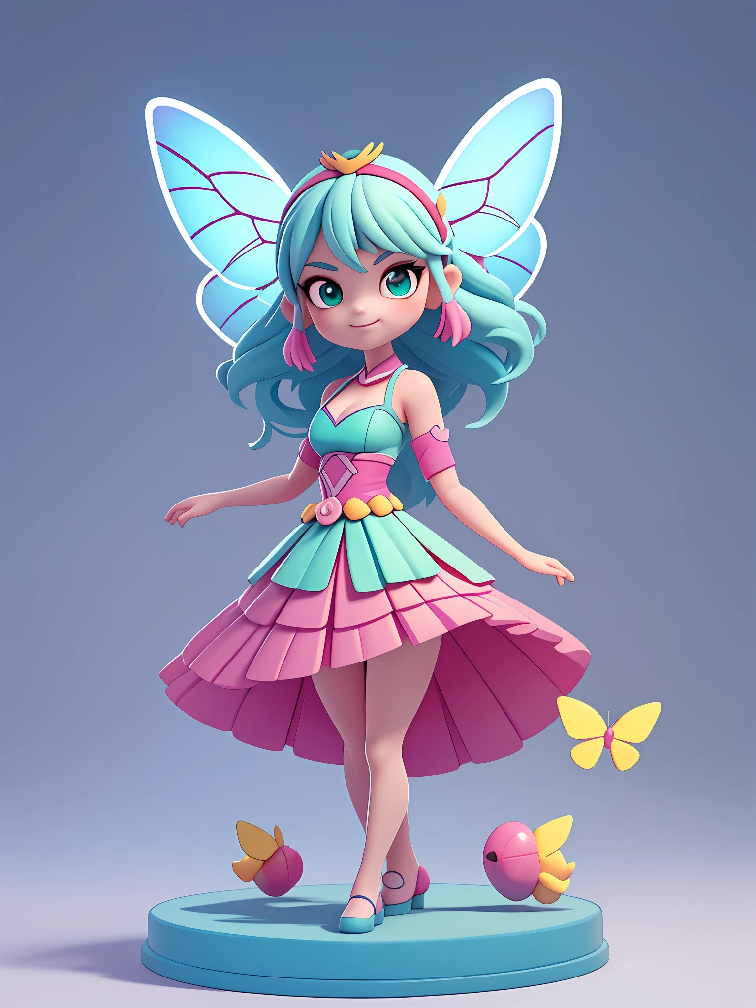 Detailed plastic materials，（（Same character，frontage，Lateral face，on  back））Best quality at best，（Very detailed model），（Best quality at best），rendering by octane，Ray traching，The is very detailed，3D toy，Exaggerated huge hair，bit girl（完整body)(3d hair,Cute hair accessories,((children's)),Beautiful eyes,Cute big eyes,Cute face,Pink green gradient,Drum skirt,Cute dress,chib,Fluorescent translucent,Colorful,plastics,children's,cleanness,Product design,glowing jelly,Delicate and cute plastic,Beautiful light and shadow 3D,number art,translucent plastic bubblegum,closeup cleavage,3d,ultra - detailed,Generate a front view,the sideview,Rear view three views,No border,c4d,Octane rendering，Blender，k hd，full bodyesbian，simple backgound！），（（（butterfly wings）））（（（The body is symmetrical from side to side）））（ssmile）（Full body like）（Skirt to the knee）(Butterfly fairy)（Fly up）（one-girl）（There is light on the face）（Skirt to the knee）（Skirt to the knee）（The skirt covers the thighs）（and detailed details）（tmasterpiece）（Stand up straight）（Beautiful butterfly wings）（Fill your face）