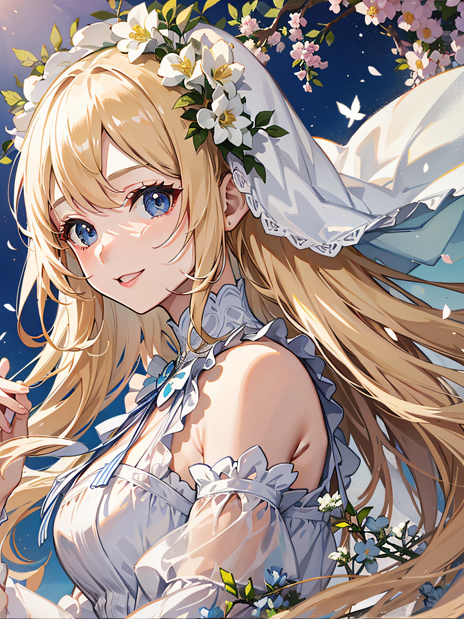 Ultra Detail,High quality,masutepiece,femele1a person、Beautiful adult woman。White summer dress。Head dress,White ruffles sway in the wind。Smile、a blond、Holding flowers,Skysky、Beautiful shading、suns、Design、(Art Nouveau:1.5)