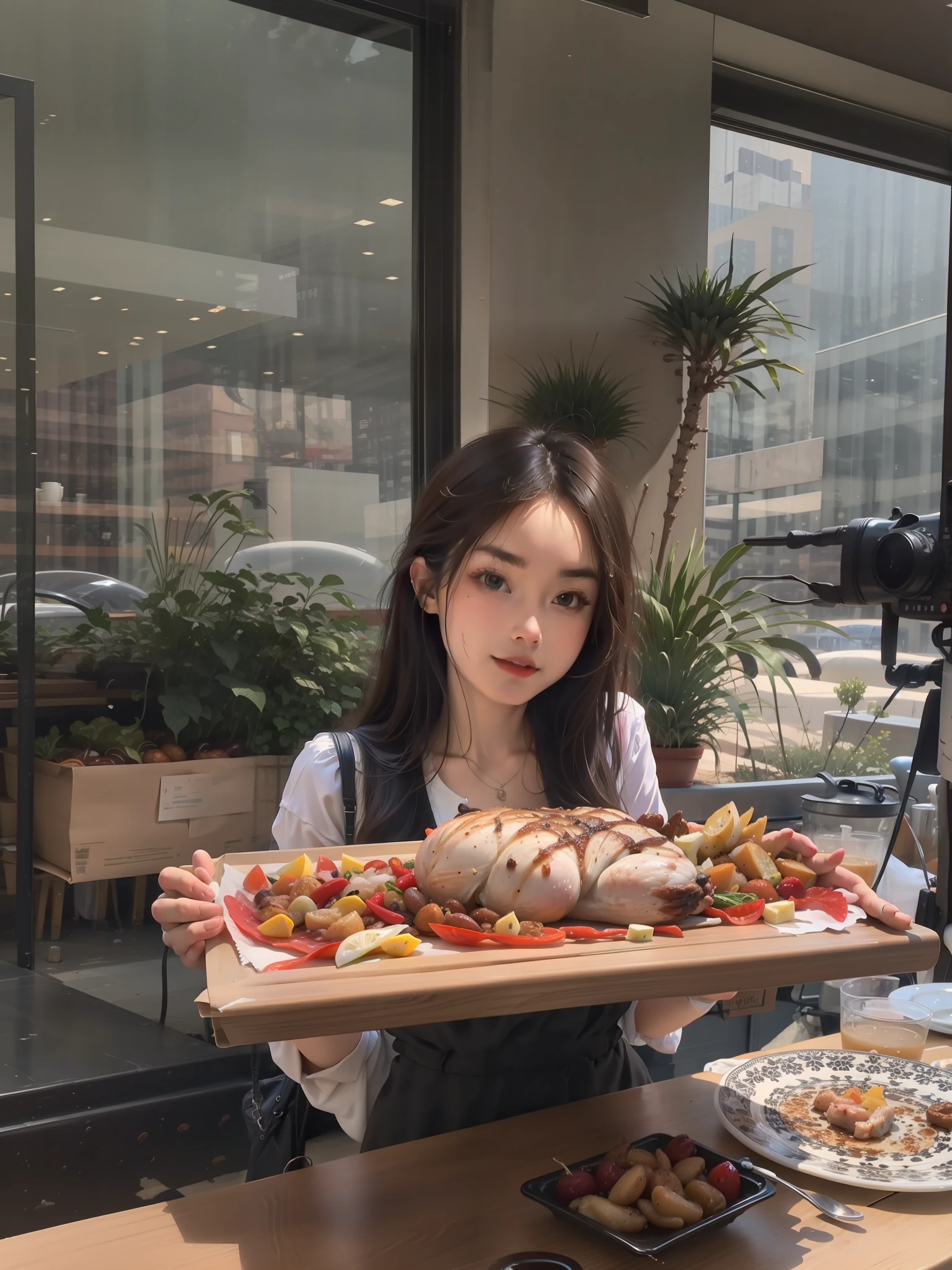 a  beautiful female，Carrying a plate of roast chicken
