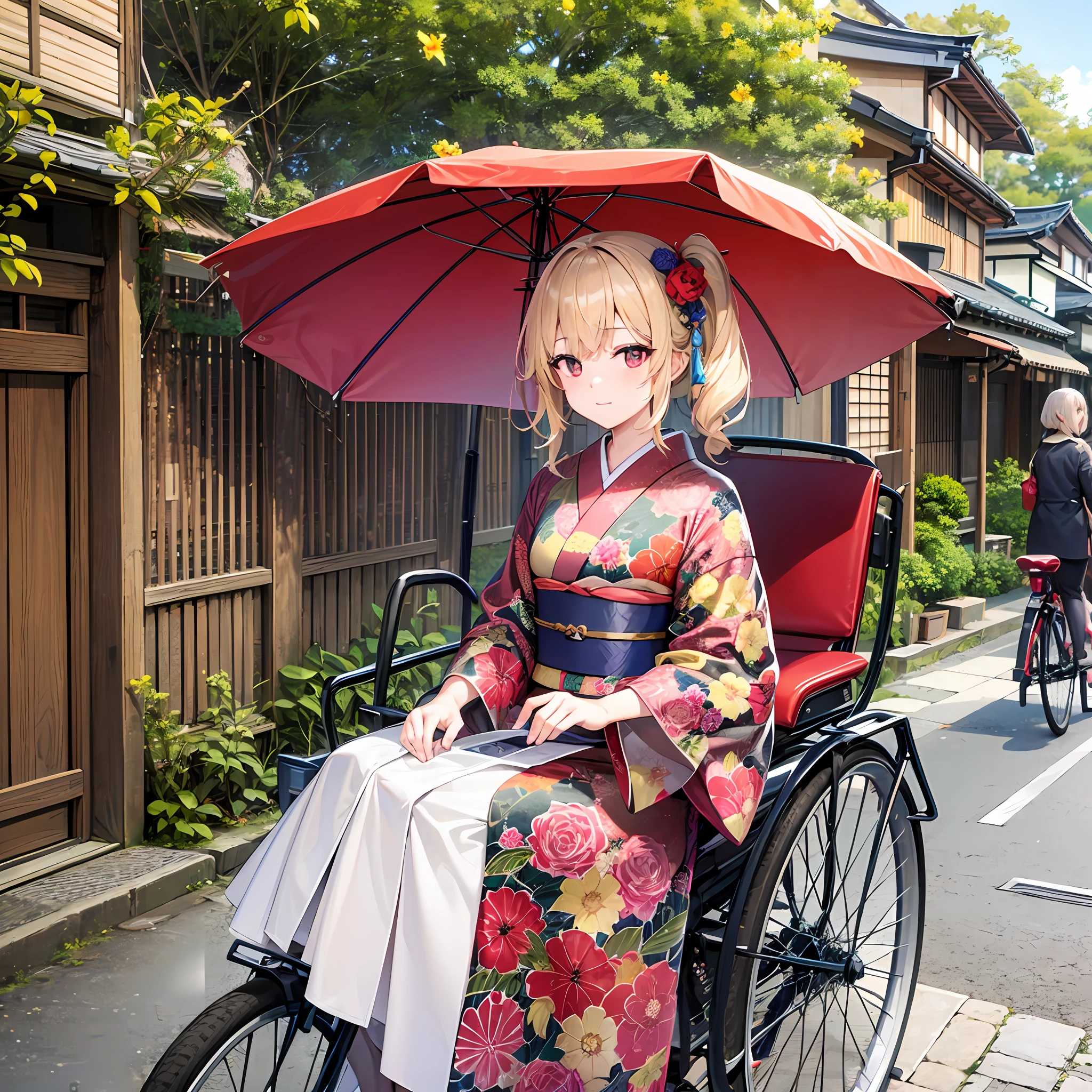 One blonde girl、red eyes、Kimono、suns、kyoto、rickshaw