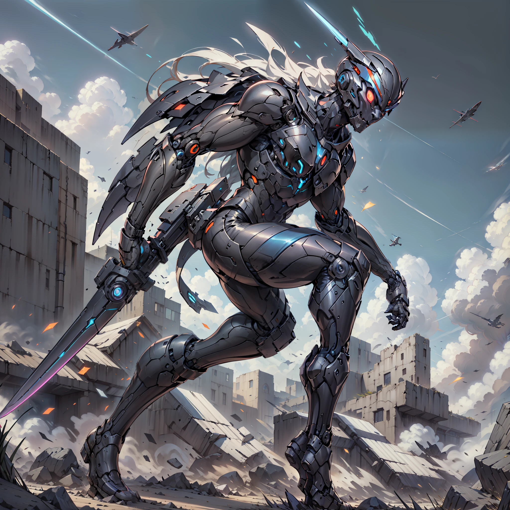 Design a new version of Jaspion with a totally modern and futuristic costume. The costume should keep the essence of the character, but with a contemporary design. It should look technological and advanced, with metallic materials, aerodynamic lines and cybernetic details. The main color of the costume should be a bright metallic red, with shiny black details. The suit's armor should be sleek and fit the Jaspion's body, providing mobility without compromising its stamina.

The Jaspion helmet should have a modern look, with holographic visors that enhance your eyes and protect your identity. Displays can display tactical information and analyze the surrounding environment.

In addition, the suit can be equipped with additional accessories such as jet thrusters on the wrists and boots, allowing the Jaspion to fly and perform powerful jumps. It can also carry technological weapons, such as an energy sword with shining blade or other futuristic weapons that you find interesting.

Feel free to be creative and innovative in the redesign of the costume, keeping in mind that the end result should be a stunning and iconic new version of the Jaspion, which reflects the spirit of the classic hero with a modern and futuristic twist