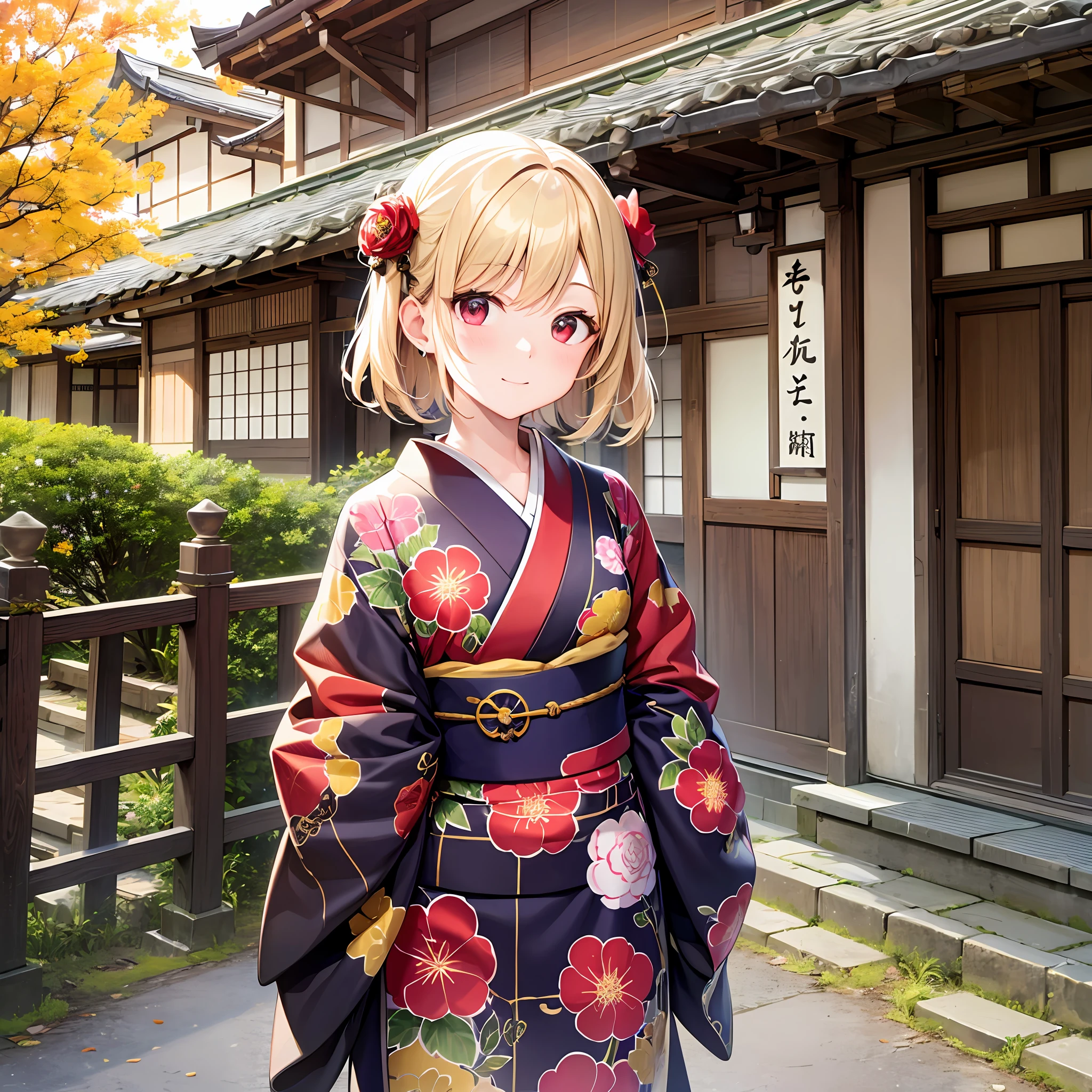 One blonde girl、red eyes、Kimono、suns、kyoto、rickshaw