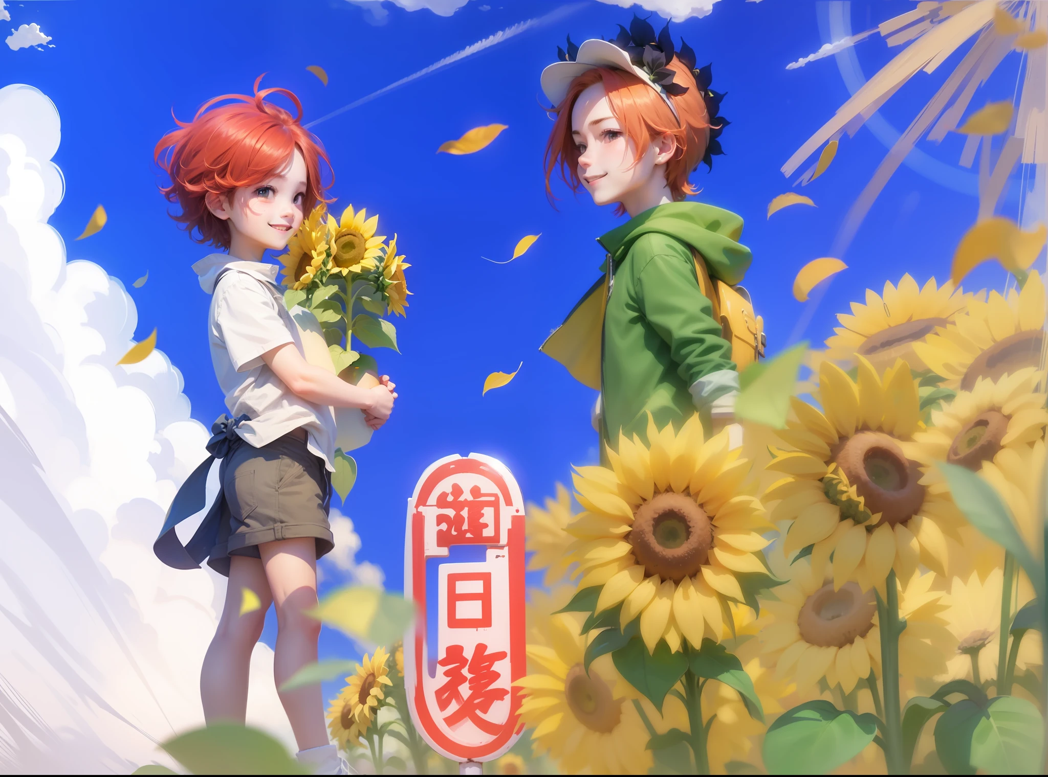 Sunflower illuminated by the sun。With cute boy with red hair、Cool smiling boy with chestnut hair in the sun。with blue sky and white clouds