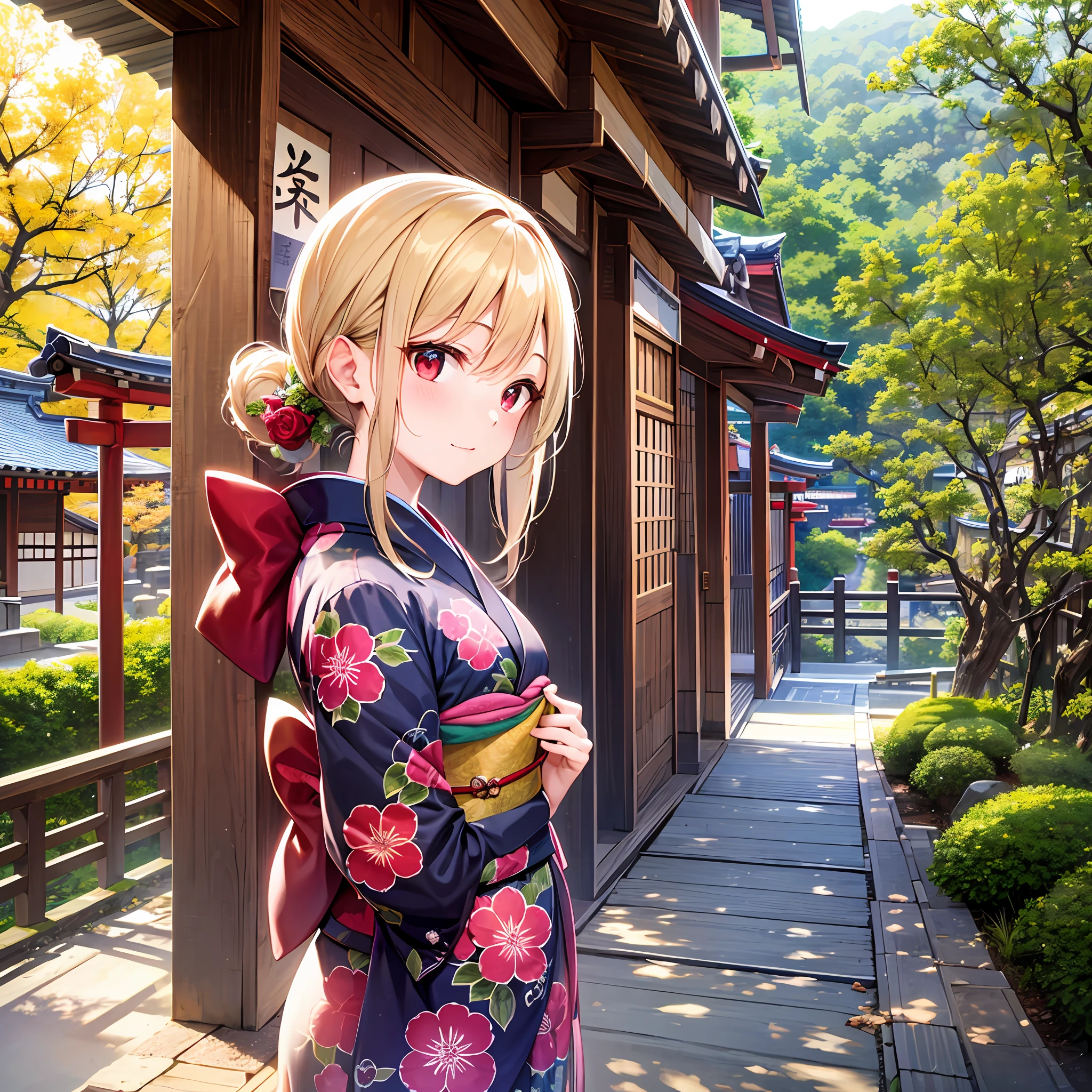 One blonde girl、red eyes、Kimono、suns、kyoto、Kinkakuji Temple