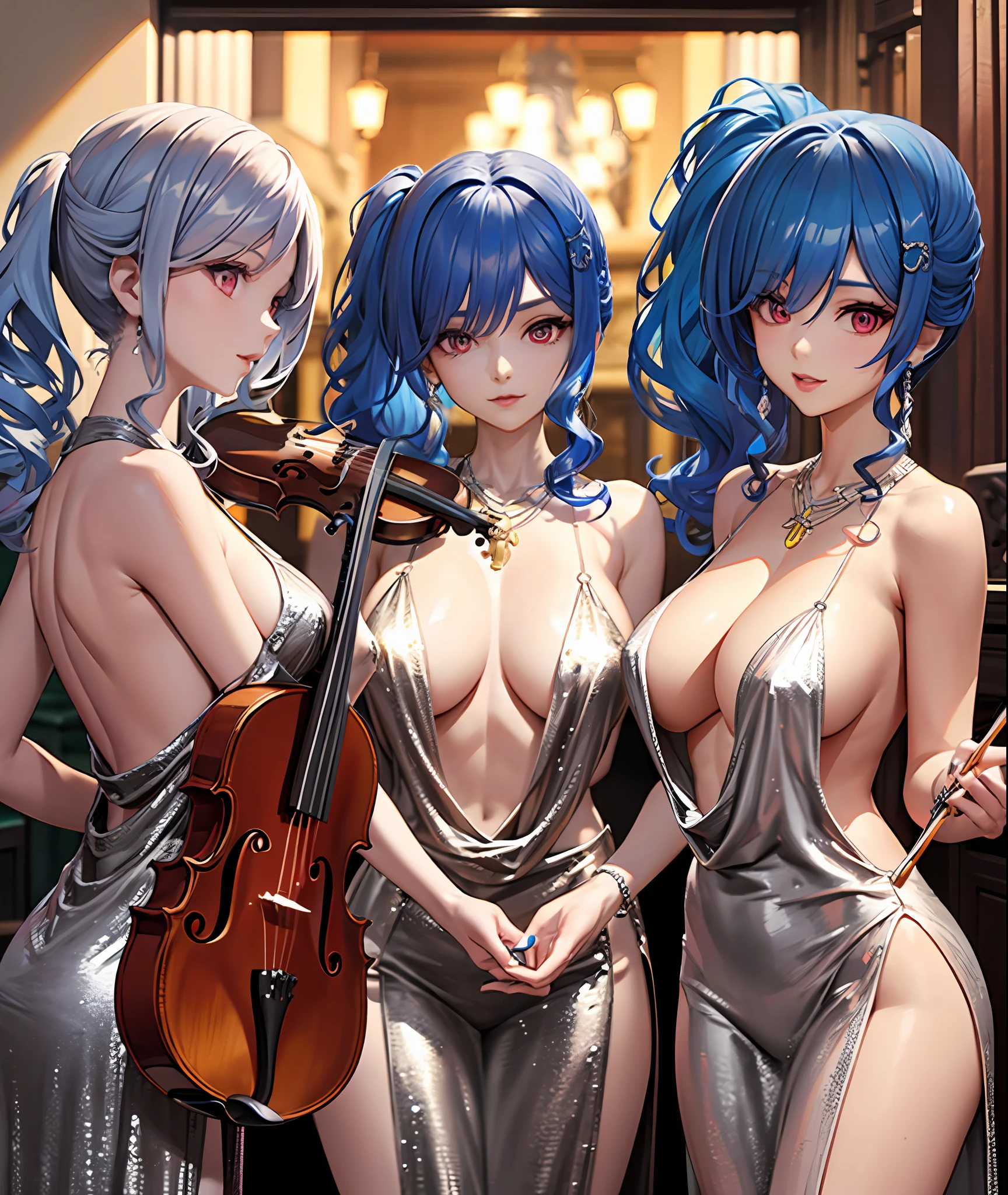 Close-up of three goddesses with big breasts holding violins and bows, (fantasy violin), Ayaka Genshin impact, Detailed key anime art, Official artwork, tsuaii, A scene from the《azur lane》videogame, high detailed official artwork, Rem Rezero, fantasy violin, offcial art, nightcore, Splash art anime Loli, White-haired god，Blue-haired god，Red-haired god