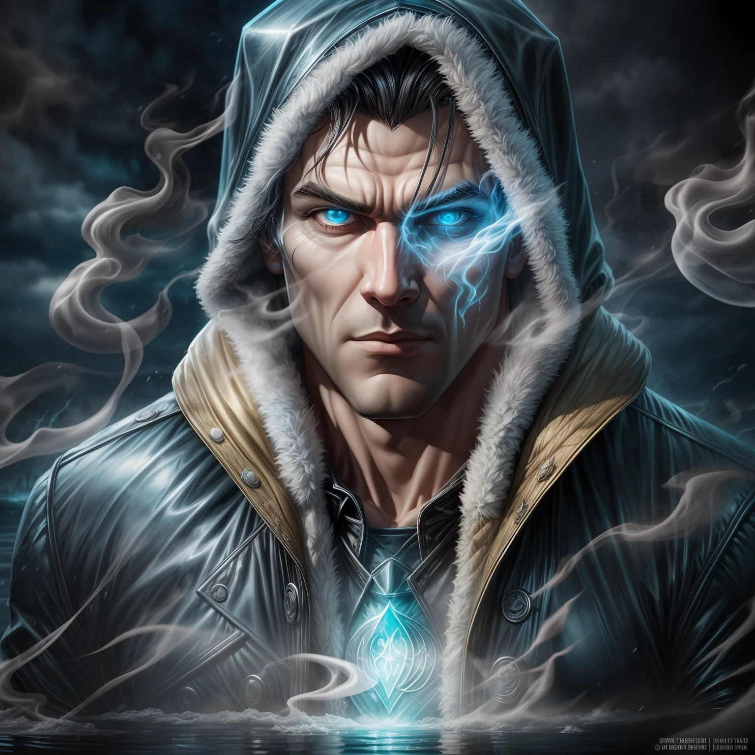 close up, Captain Cold из DC Comics, Ghost, Dark, gotik, 3d, Ultra Detailed, blue transparent smoke around, realistic style, Old Night Pond, full - body,