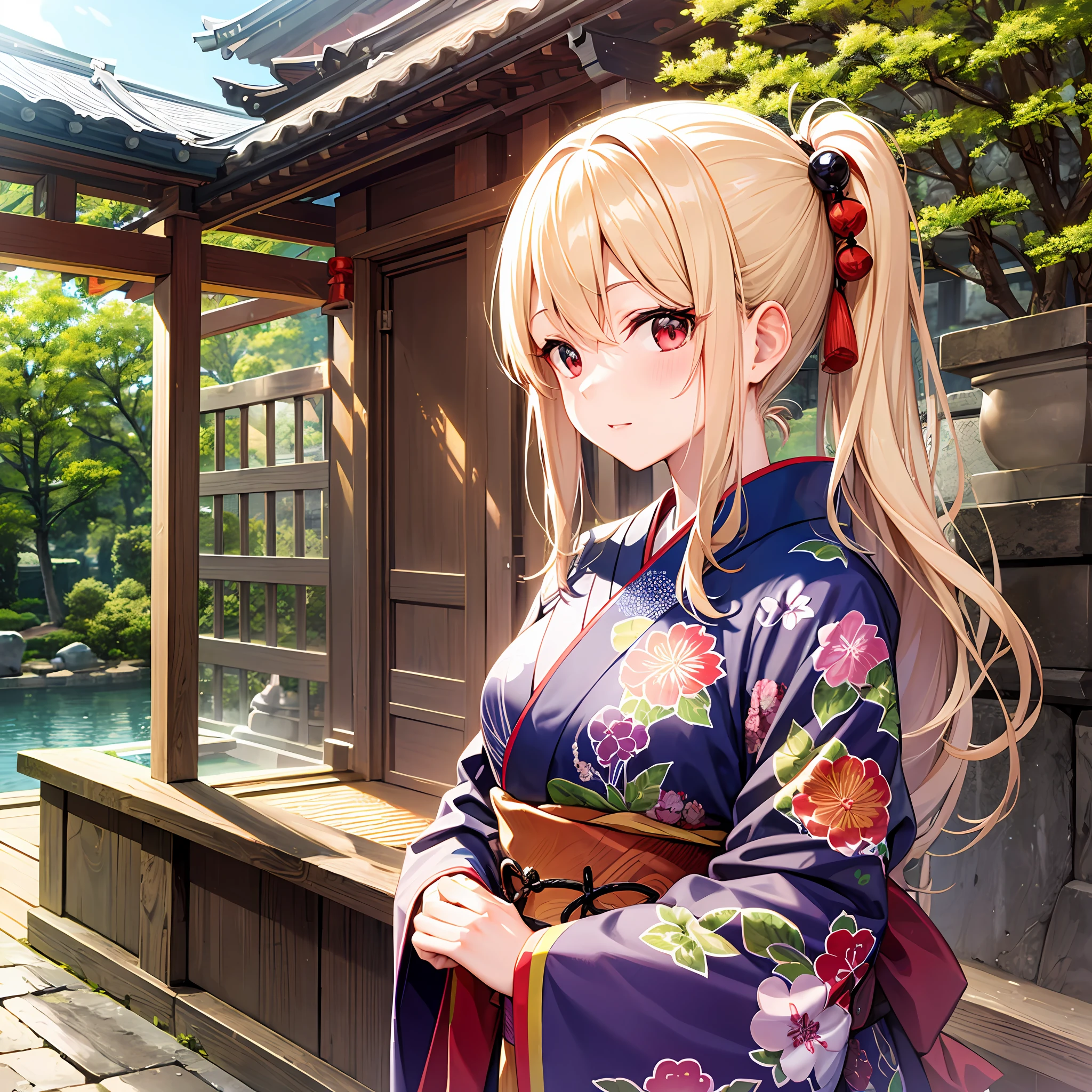 One blonde girl、red eyes、Kimono、suns、kyoto、Kinkakuji Temple