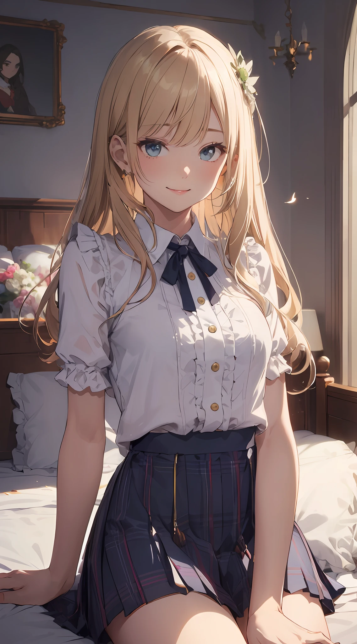 ((masterpiece best quality:1.4)), ((masutepiece, Best Quality)), (The 8k quality), (Detailed background:1.3), (Detailed face:1.3), (Cute age woman, Solo),Beautiful portrait、Delicate body、frilled blouse,Long Check Skirt,Vintage, Long Blonde Hair,Cinematic Light,Little smile,tilt the neck、Lying in a luxurious bed、Sunlight、Fluttering chest、Flipped skirt、Luxurious underwear、Rainbow glow, Beautiful Glow,Shy smile、red blush、