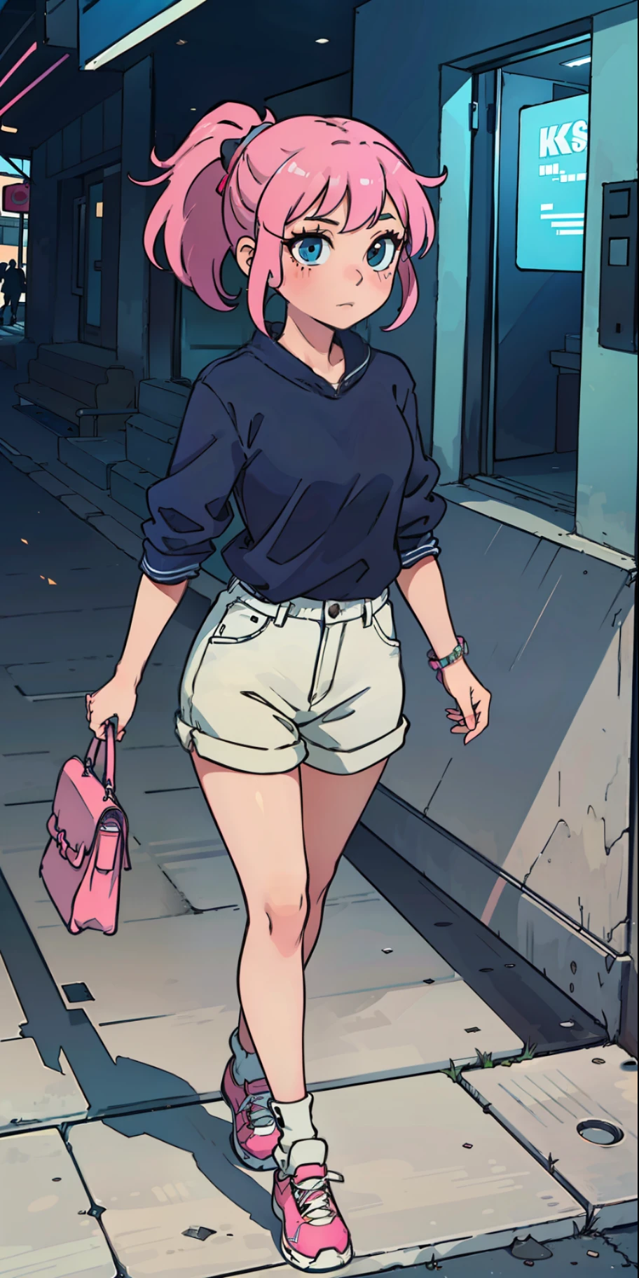 k hd,high qulity,1girll,Pink ponytail,Slim figure,pedestrian walkway,walk,Distant shots,looking toward the viewer,Thin leg