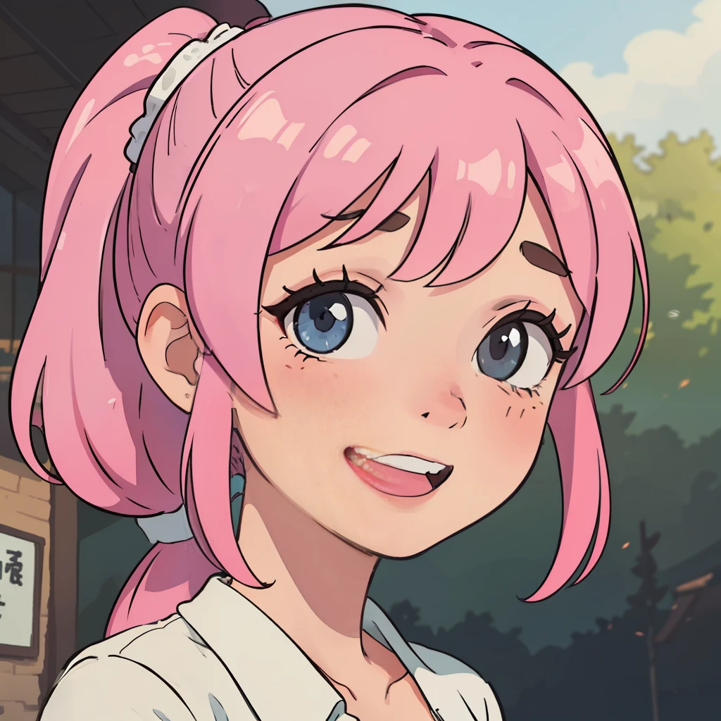 best qualtiy,Kizi,Pink ponytail,face,Close-up movie shots,The background is blurred out,Very happy,ssmile