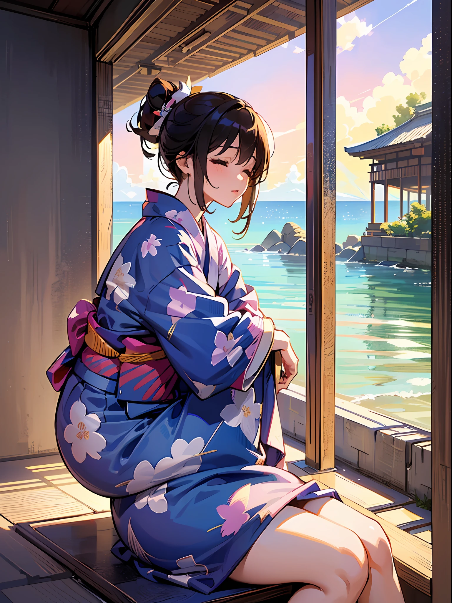 masutepiece、hyper quality, Hyper Detailed,Perfect drawing,nffsw,3D,8K Illustration、Hi-Res、((Two beautiful girls))、(((Yukata)))、japanese kimono、((Sitting on the breakwater))、(Close your eyes)、(((the kiss)))、Horizon、shores、((skyrocket))、(natta)、(beatiful backgrounds)、Accurate drawing、Detailed drawing