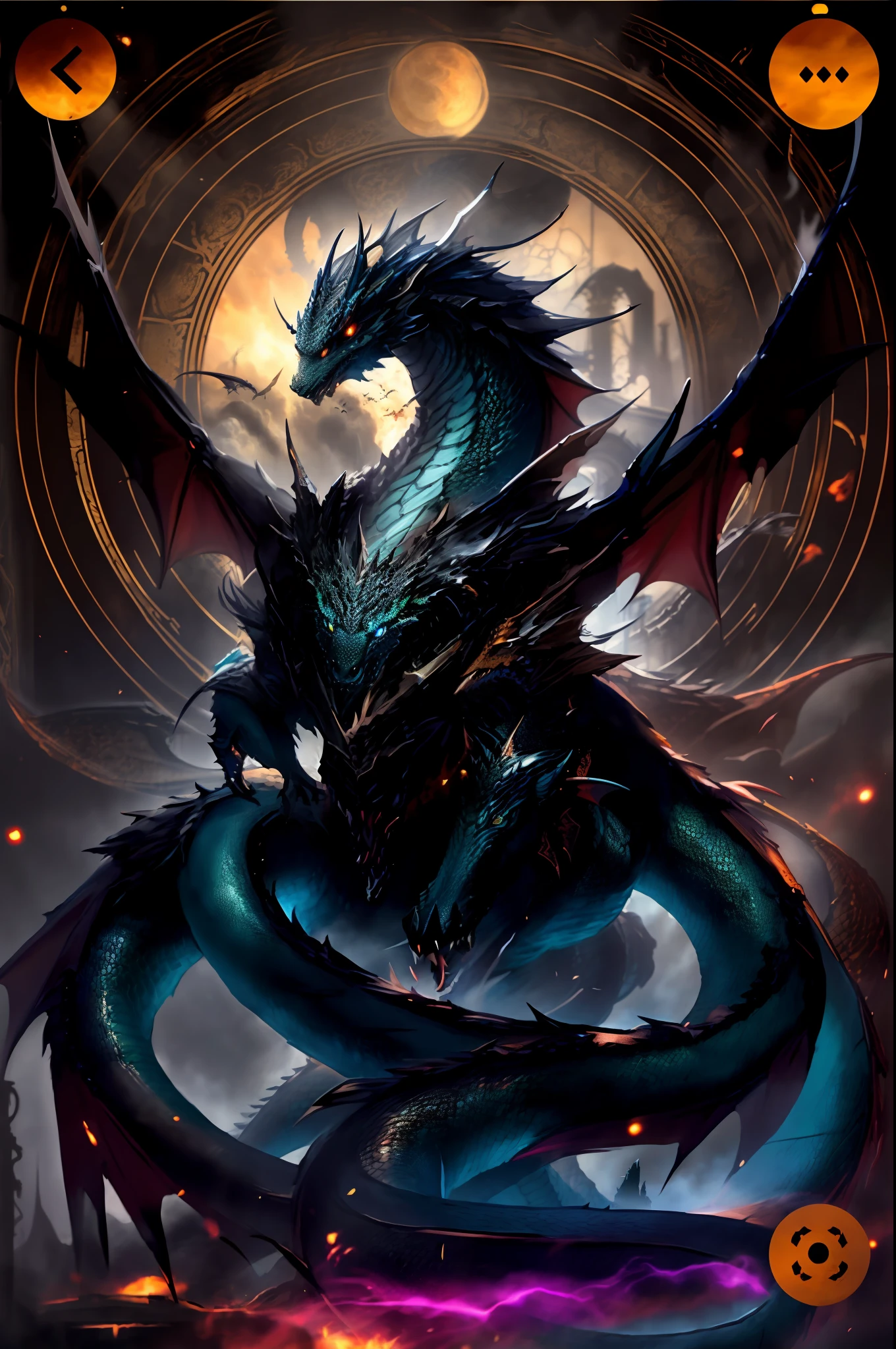 a closeup of a dragon with a circular background, art of dragon, black dragon, A majestic gothic dragon, por Yang J, Ancalagon o Preto, god of dragons, legendary dragon, Alduin, dragon centered, Mawshot Dragon Art, epic dragon, colossal dragon as background, great mystical winged serpent, arte de fantasia detalhada, a majestic gothic indian dragon, Dragoned