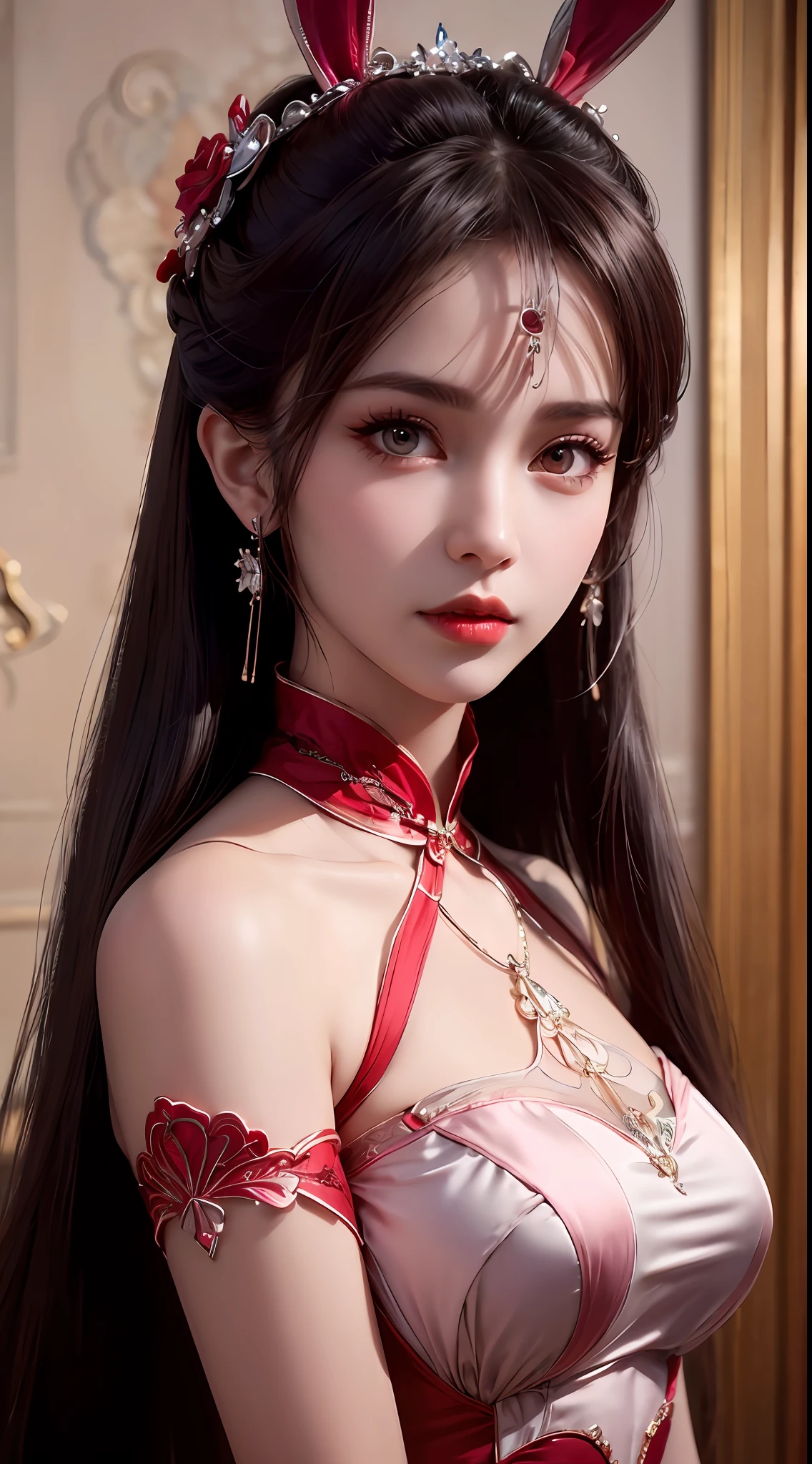 1 beautiful girl in beautiful hanfu costume, thin red silk shirt with many yellow motifs, black lace top, light pink rabbit ears, long hair dyed pale purple platinum, beautiful hair jewelry, pretty face cute pretty face, perfect face, earring jewelry, antique jewelry, big red eyes, sharp eye makeup, meticulous eyelash makeup, thin eyebrows, high nose, pretty red lips, no smile, pursed lips, rosy cheeks, big bust, big bust, well-proportioned bust, slim waist, red mesh stockings with black border , Chinese hanfu style, fictional art pattern, vivid and true color, RAW photo, real photo realistic, ultra-high quality 8k surreal photo, cool photo, (virtual lighting effect: 1.8), 10x pixels, magic effect (background): 1.8), (ultra-detailed eye: 1.8), (eyelids): eyes): red: 1.8), (black eye pupil: 1.8)beautiful girl portrait, alone girl, ancient hanfu background, looking directly at the audience, wide original image, 8k quality, super sharp , the most detailed and clear images, detailed bright background,