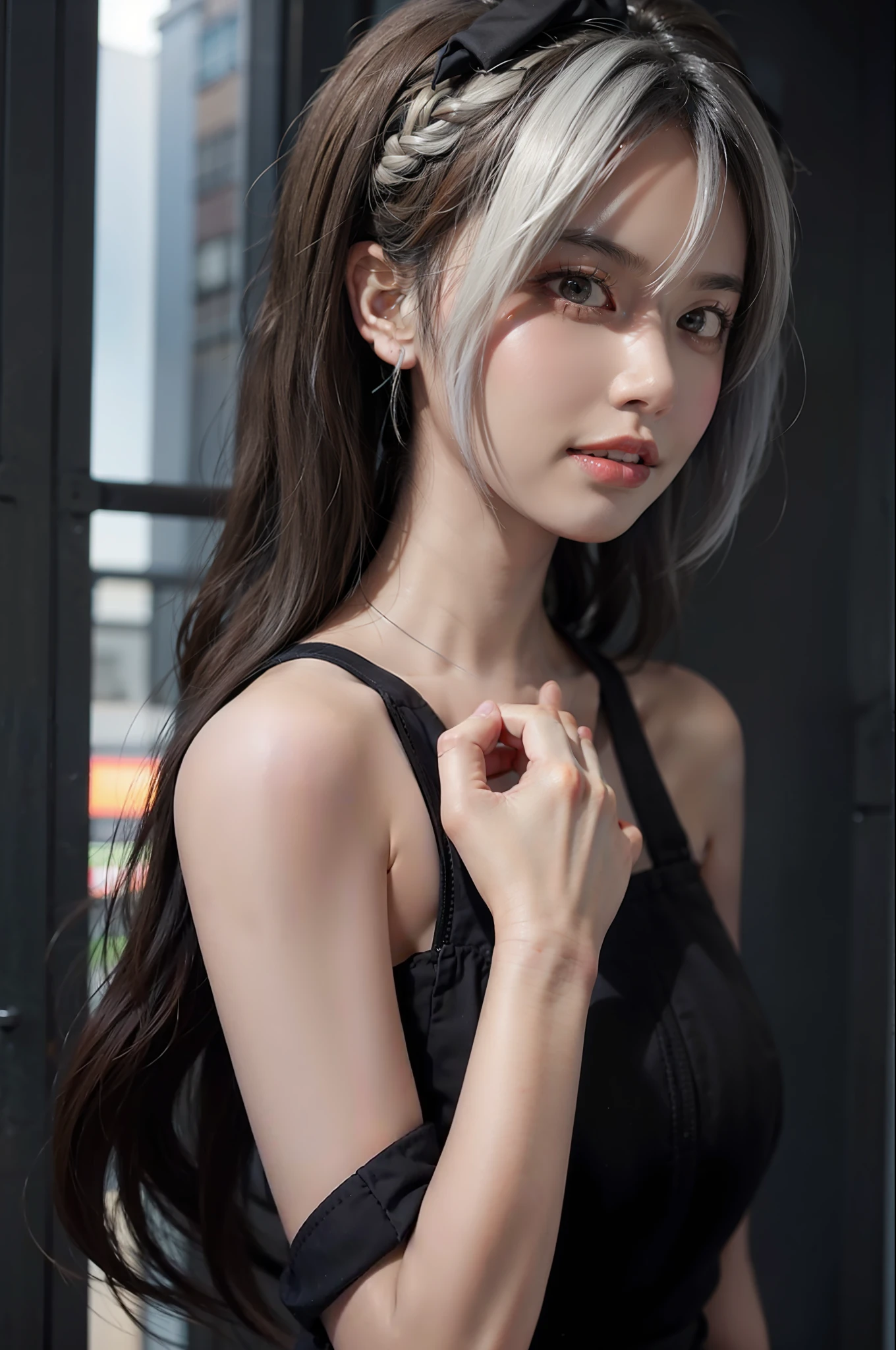 White hair Black silk All shy