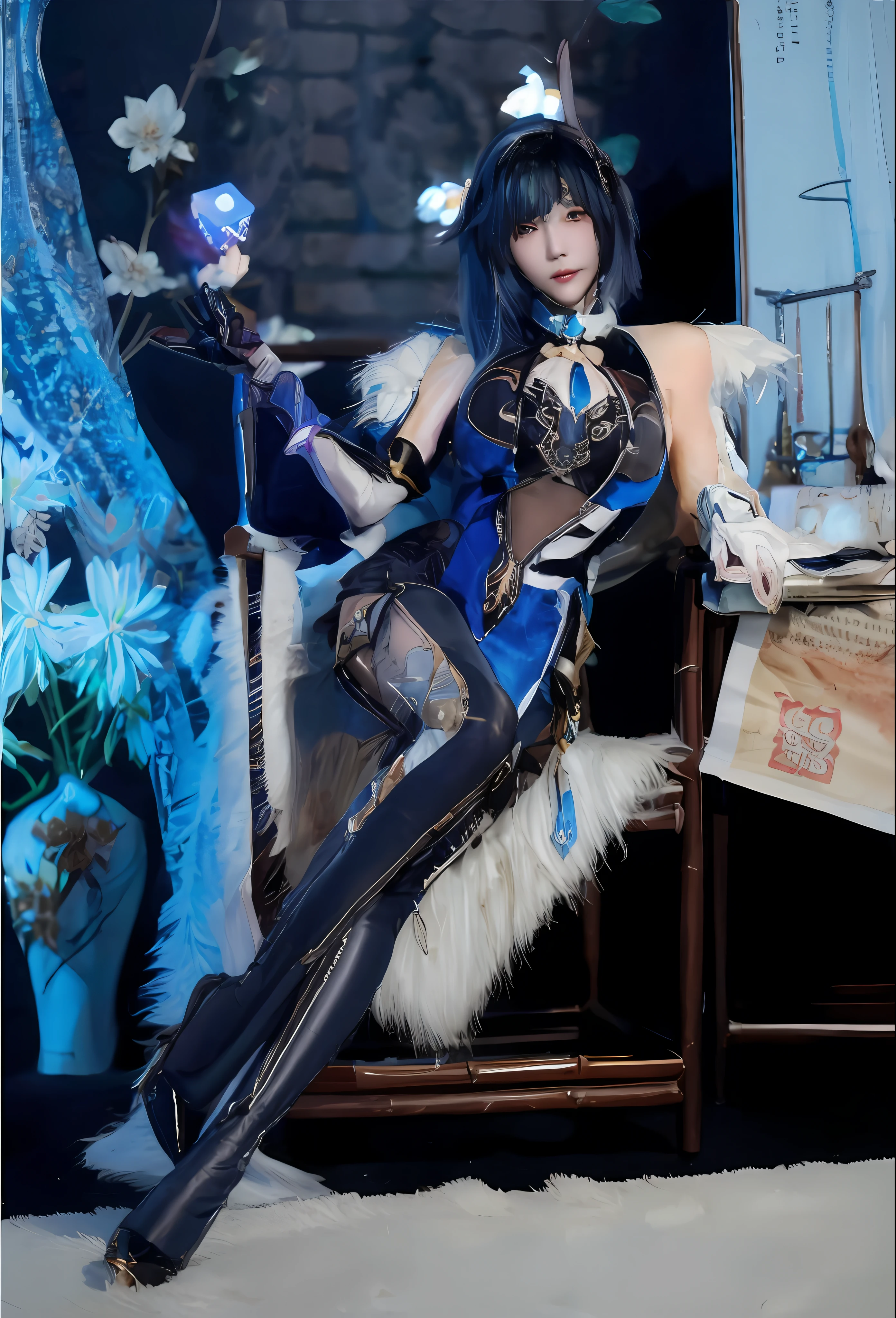 there is a woman in a cosplay outfit posing for a picture, inspired by Leng Mei, full-body xianxia, Costume with blue accents, Gorgeous Role Play, inspired by Li Mei-shu, glamourous cosplay, inspired by Ren Xiong, Inspired by Lan Ying, elegant glamourous cosplay, inspired by Zhou Wenjing, Genshin shocked portrait of Nakatochi woman,Fantasy real,动态照明,ArtStation poster,Volumetriclighting,Very detailed faces,,1girl,deep shading,low tune,