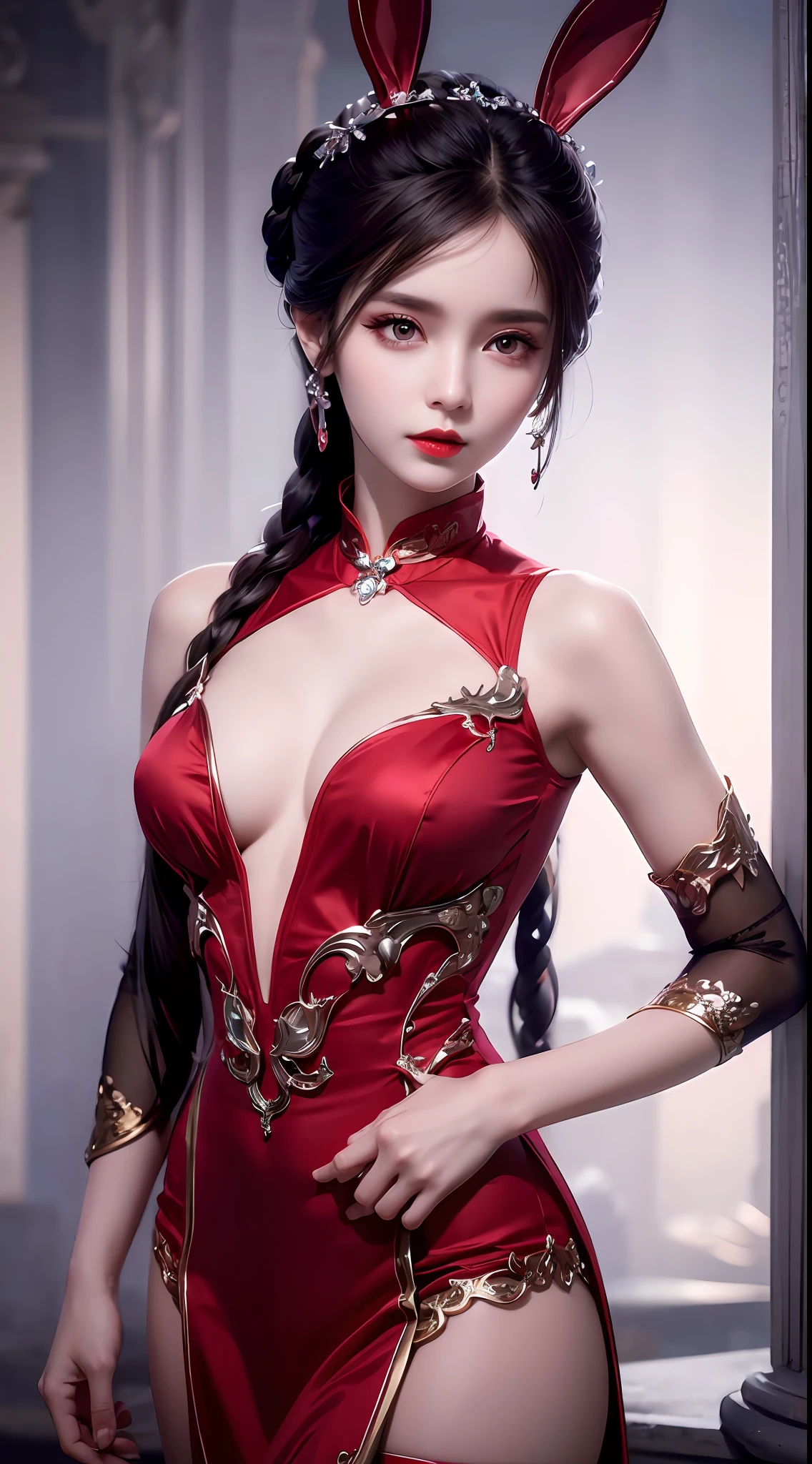 1 beautiful girl in beautiful hanfu costume, thin red silk shirt with many yellow motifs, black lace top, light pink rabbit ears, long hair dyed pale purple platinum, beautiful hair jewelry, pretty face cute pretty face, perfect face, earring jewelry, antique jewelry, big red eyes, sharp eye makeup, meticulous eyelash makeup, thin eyebrows, high nose, pretty red lips, no smile, pursed lips, rosy cheeks, big bust, big bust, well-proportioned bust, slim waist, red mesh stockings with black border , Chinese hanfu style, fictional art pattern, vivid and true color, RAW photo, real photo realistic, ultra-high quality 8k surreal photo, cool photo, (virtual lighting effect: 1.8), 10x pixels, magic effect (background): 1.8), (ultra-detailed eye: 1.8), (eyelids): eyes): red: 1.8), (black eye pupil: 1.8)beautiful girl portrait, alone girl, ancient hanfu background, looking directly at the audience, wide original image, 8k quality, super sharp , the most detailed and clear images, detailed bright background,